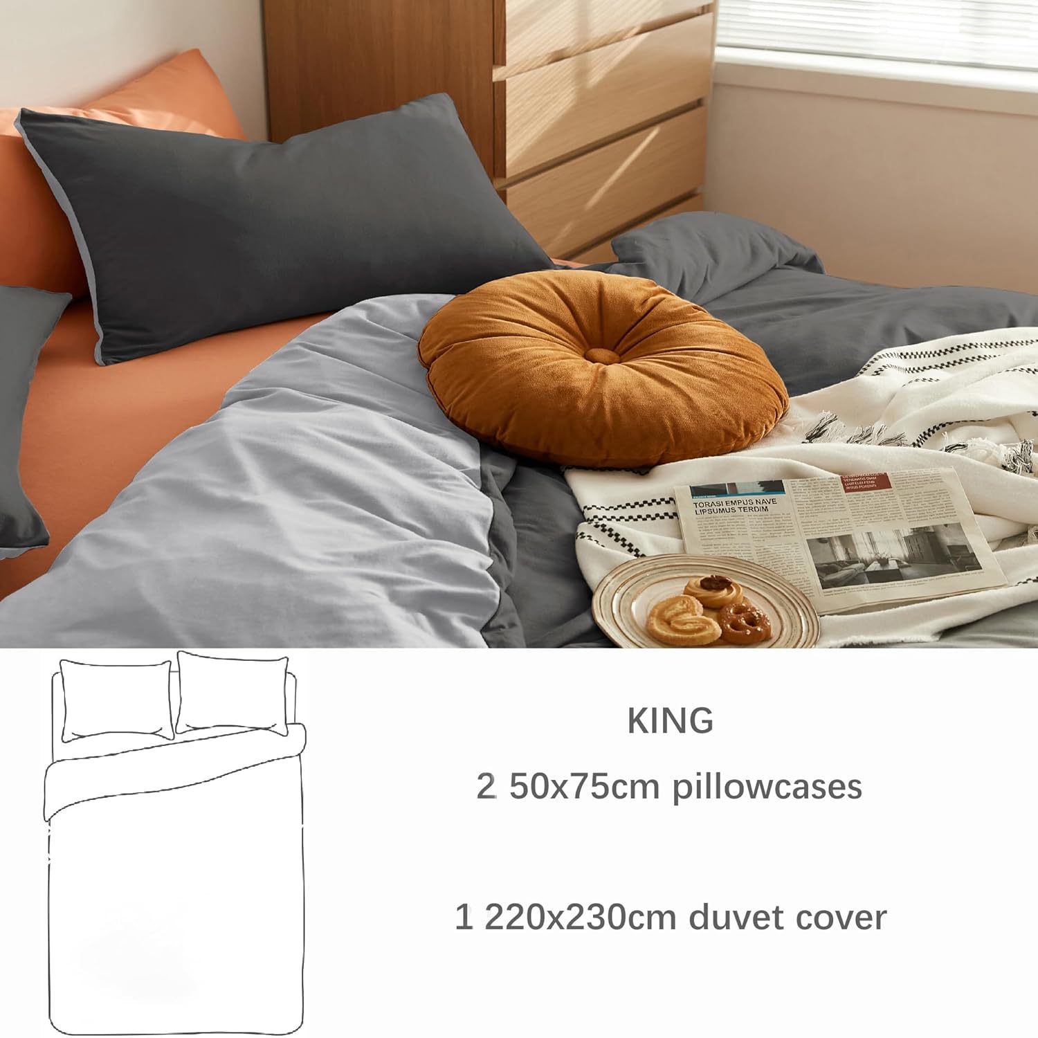 AYSW Bedding King Duvet Cover Set Plain Brushed Microfiber Bedding 1 Duvet Cover with 2 Zippers and 2 Pillowcases Dark Grey+Light Grey 8