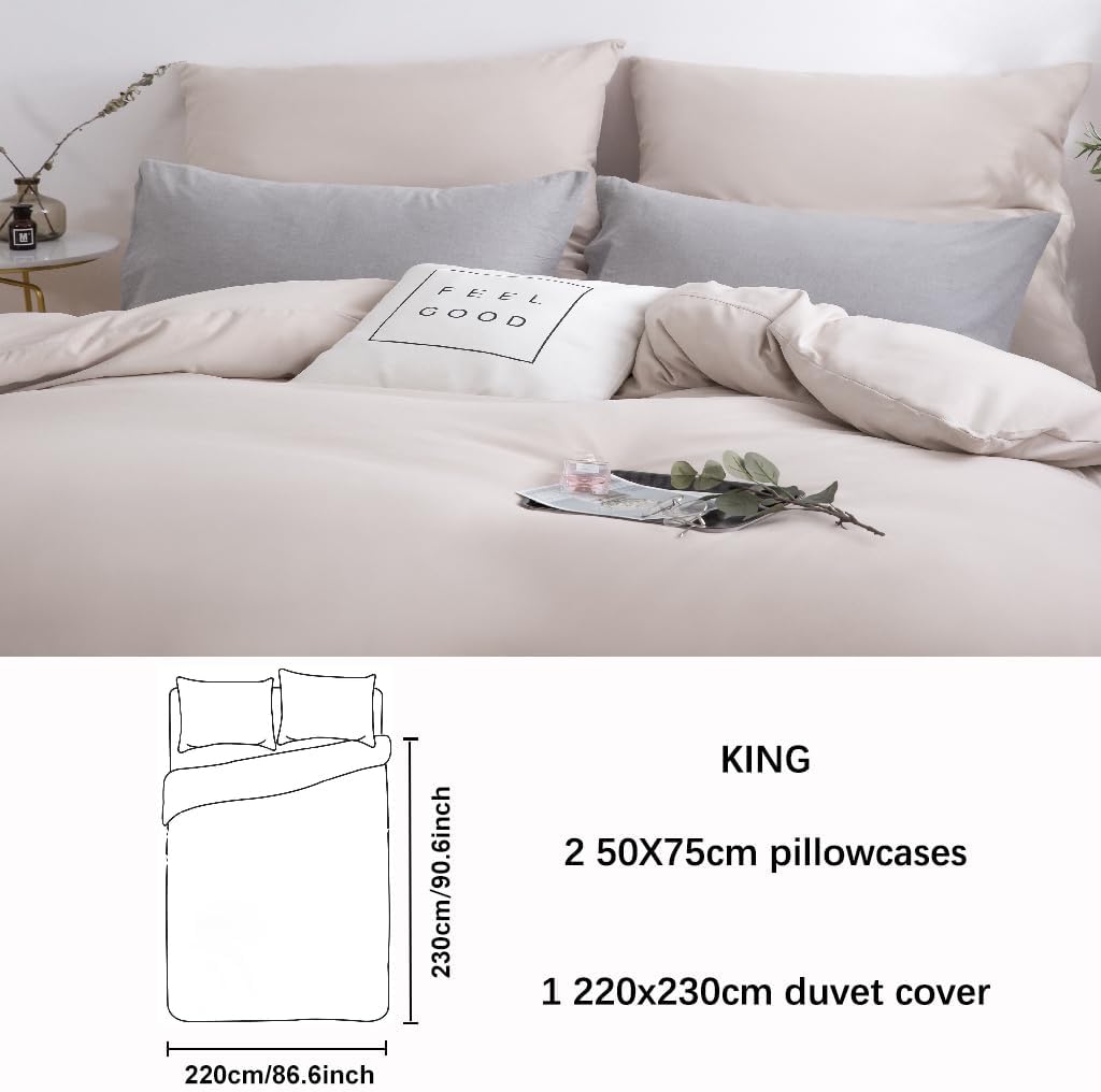 AYSW Duvet Cover Set 3 PCS King Plain Brushed Microfiber Bedding 1 Duvet Cover with 2 Zippers and 2 Pillowcases Cream/Beige 3