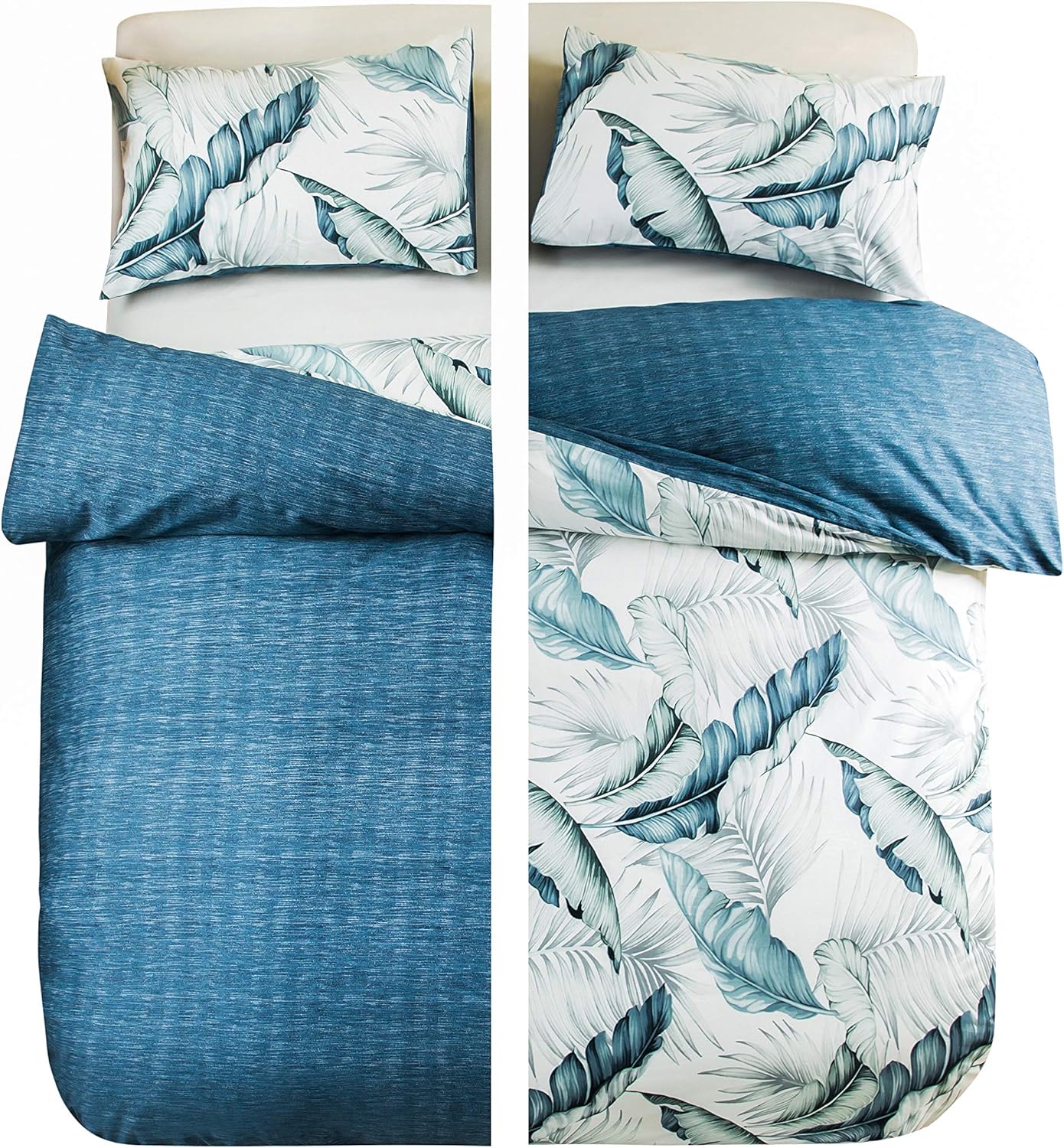 AYSW Duvet Cover Set Cotton Queen 3 Pieces Luxury Bedding Blue Leaves Ultra Soft, Breathable and Durable Classical Printed Pattern with 4 Corner Ties 2