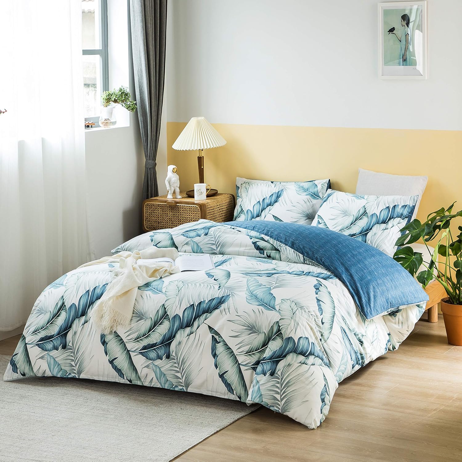 AYSW Duvet Cover Set Cotton Queen 3 Pieces Luxury Bedding Blue Leaves Ultra Soft, Breathable and Durable Classical Printed Pattern with 4 Corner Ties 5