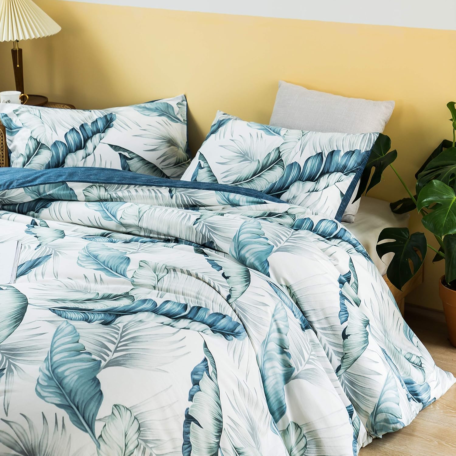 AYSW Duvet Cover Set Cotton Queen 3 Pieces Luxury Bedding Blue Leaves Ultra Soft, Breathable and Durable Classical Printed Pattern with 4 Corner Ties 7