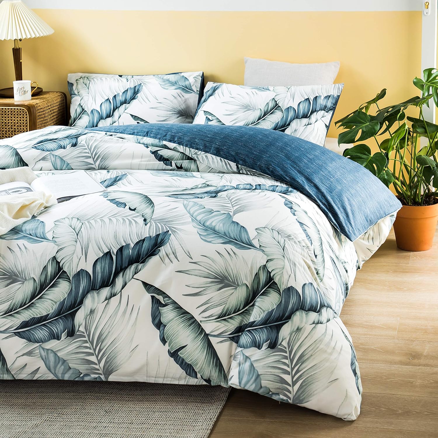 AYSW Duvet Cover Set Cotton Queen 3 Pieces Luxury Bedding Blue Leaves Ultra Soft, Breathable and Durable Classical Printed Pattern with 4 Corner Ties 6