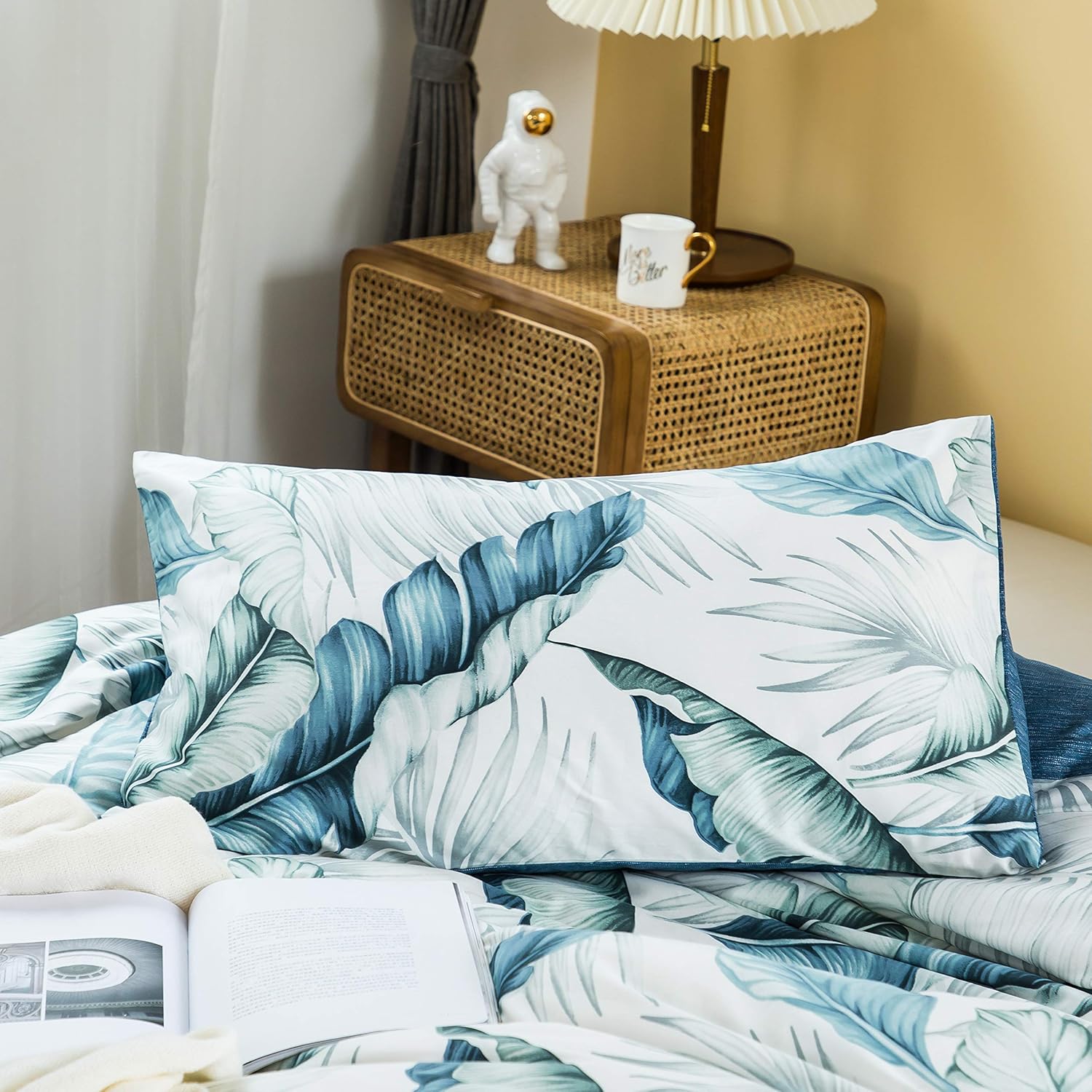 AYSW Duvet Cover Set Cotton Queen 3 Pieces Luxury Bedding Blue Leaves Ultra Soft, Breathable and Durable Classical Printed Pattern with 4 Corner Ties 8