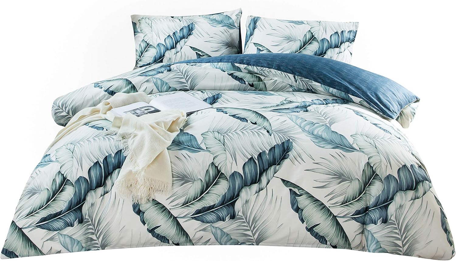 AYSW Duvet Cover Set Cotton Queen 3 Pieces Luxury Bedding Blue Leaves Ultra Soft, Breathable and Durable Classical Printed Pattern with 4 Corner Ties 3