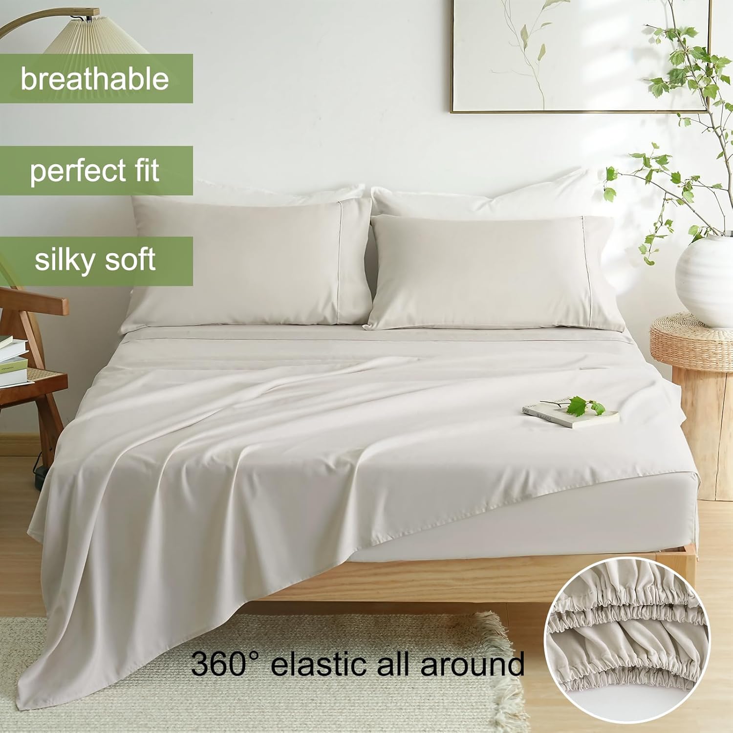 AYSW Bettlaken-Set 4-teilig Doppel Brushed Microfiber 1800 - Atmungsaktiv All Season Luxus Weiche Bettwäsche - Full Beige 3