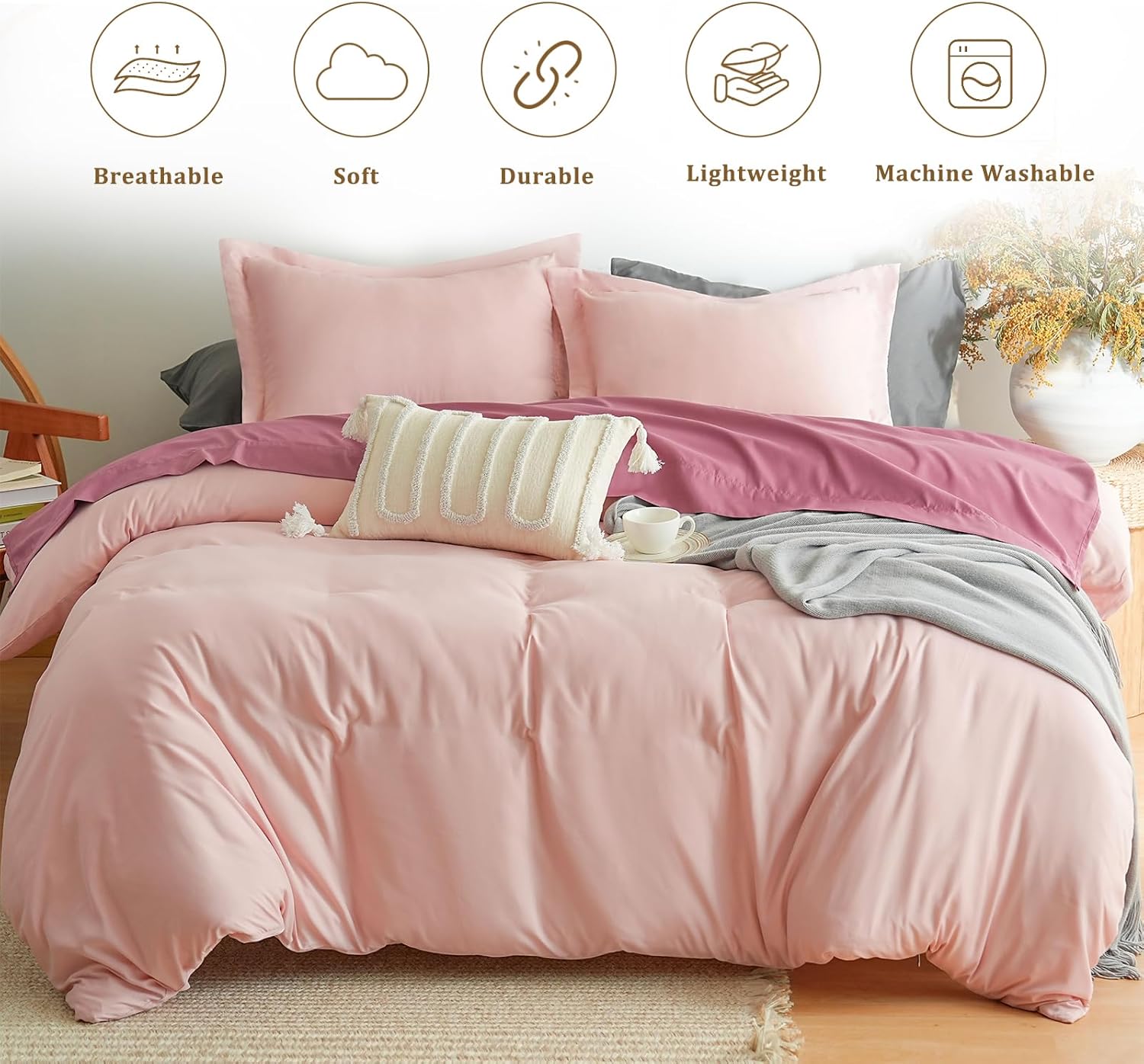 1 Duvet Cover with 2 Pillow Shams Queen Size for All Seasons - 3 Piece Home Bedding Comforter Cover with Zipper Closure - Ultra Soft Double Brushed Microfiber, 90 X 90 Inches - Pink 6