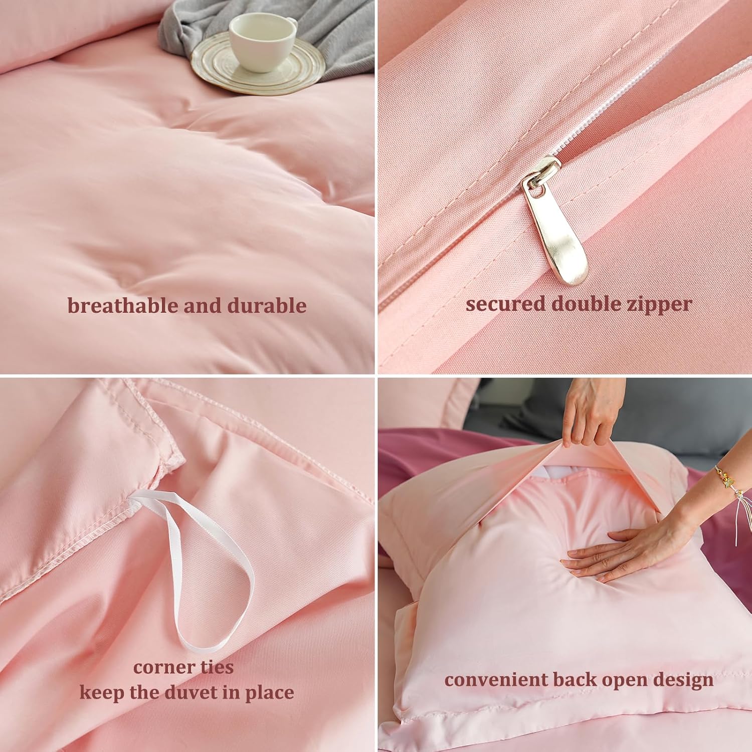 1 Duvet Cover with 2 Pillow Shams Queen Size for All Seasons - 3 Piece Home Bedding Comforter Cover with Zipper Closure - Ultra Soft Double Brushed Microfiber, 90 X 90 Inches - Pink 5