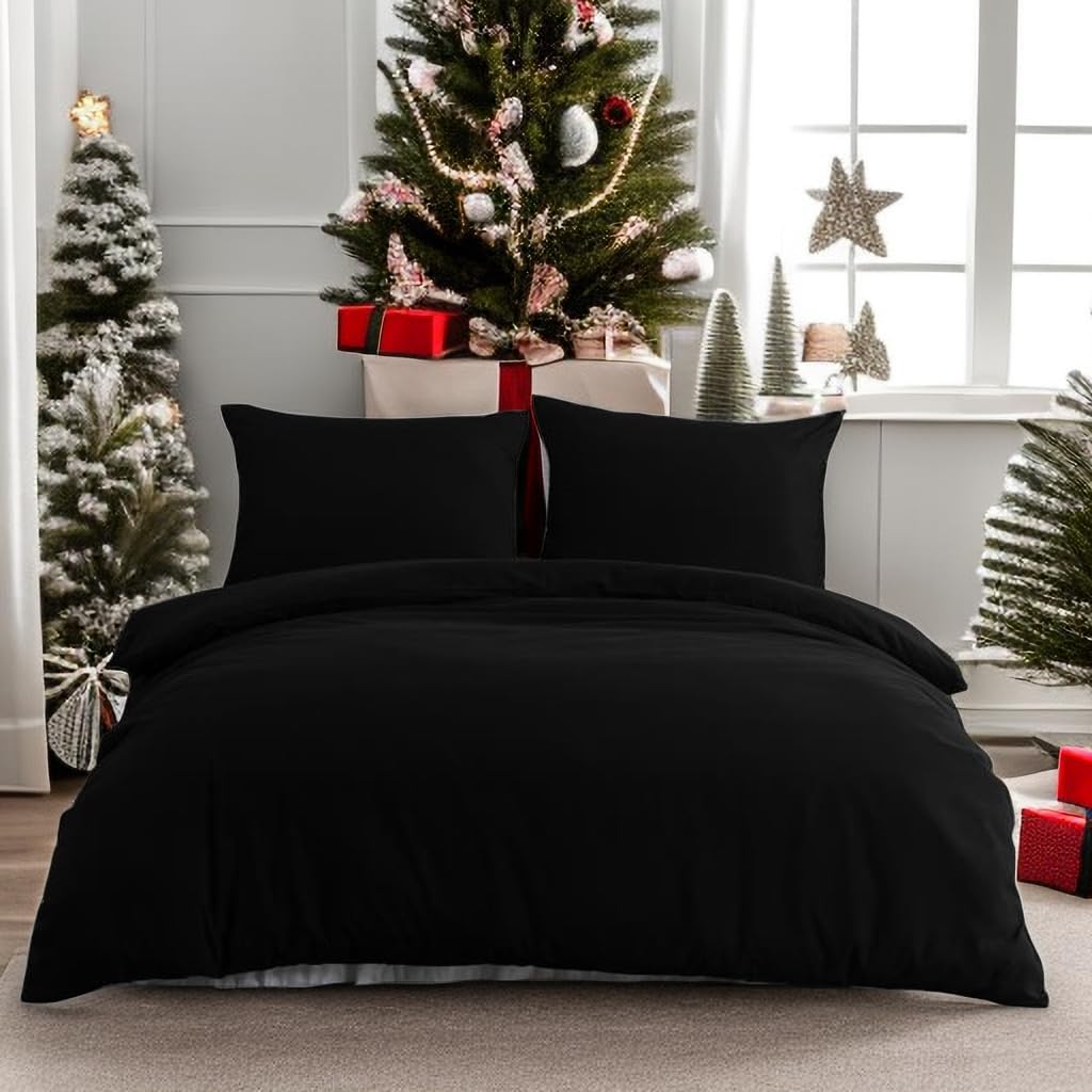 Duvet Cover 220x240cm + Pillowcases 80x80x2 cm Black 120 Threads/cm² 2 Person Bedding Set with Zipper 2