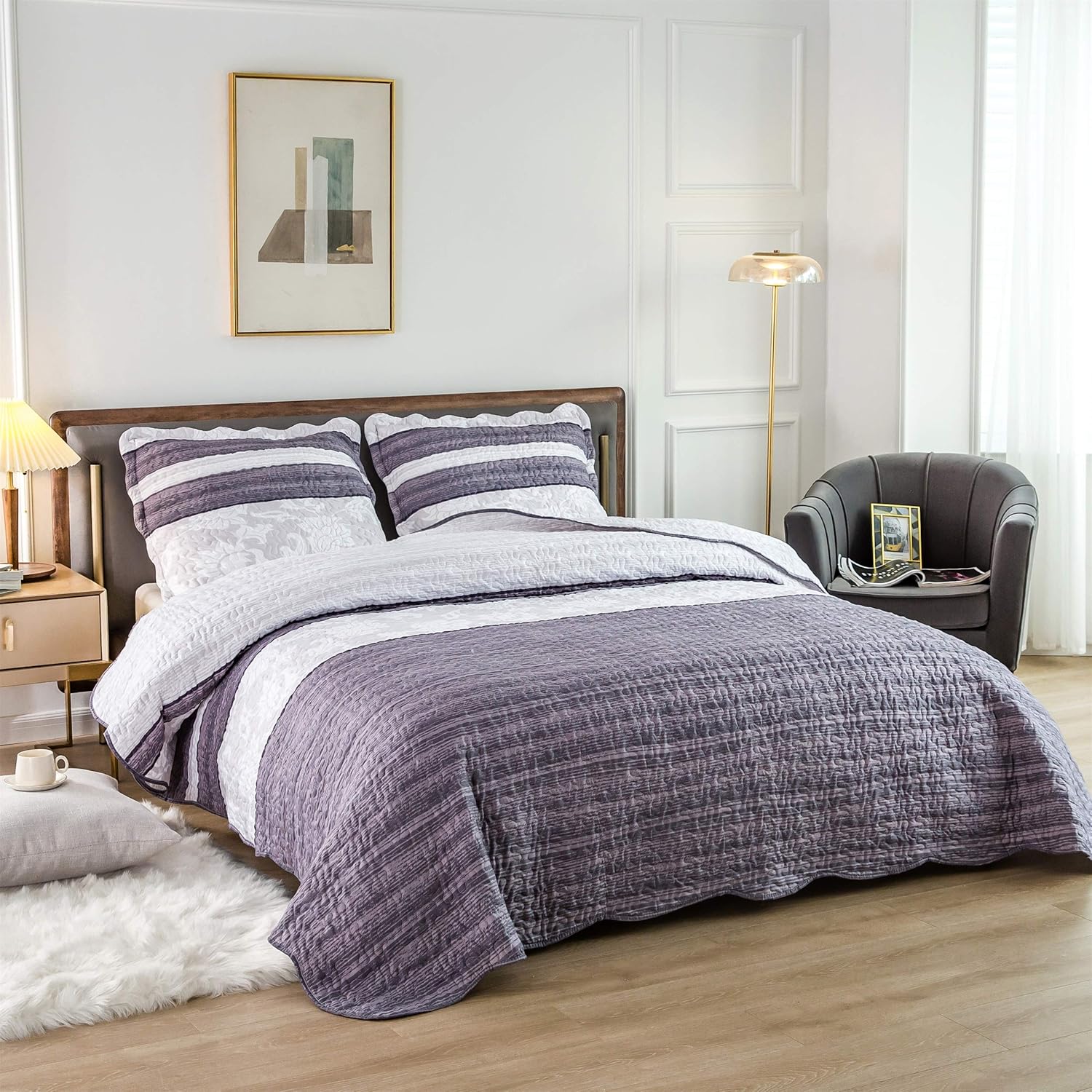 AYSW Quilt Set 3 Pieces King Size Soft and Breathable for All Season Bedspread Coverlet Set Gray and White Pattern 5