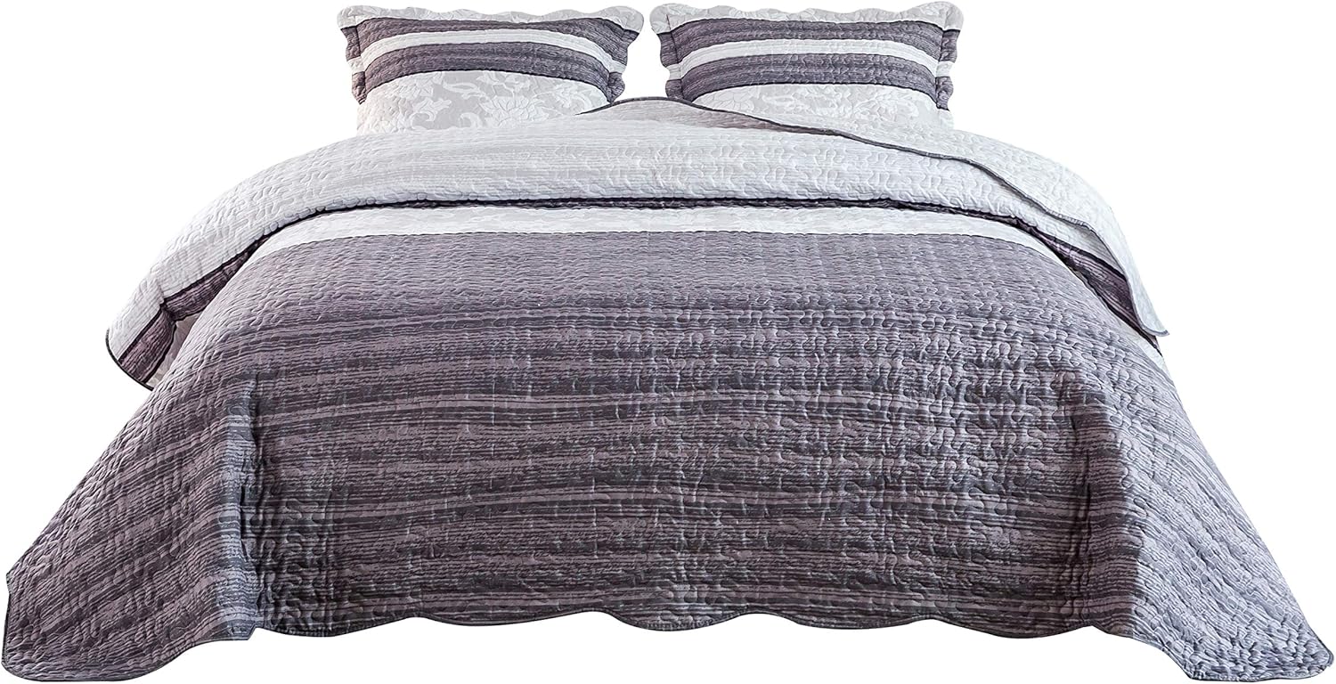 AYSW Quilt Set 3 Pieces King Size Soft and Breathable for All Season Bedspread Coverlet Set Gray and White Pattern 8