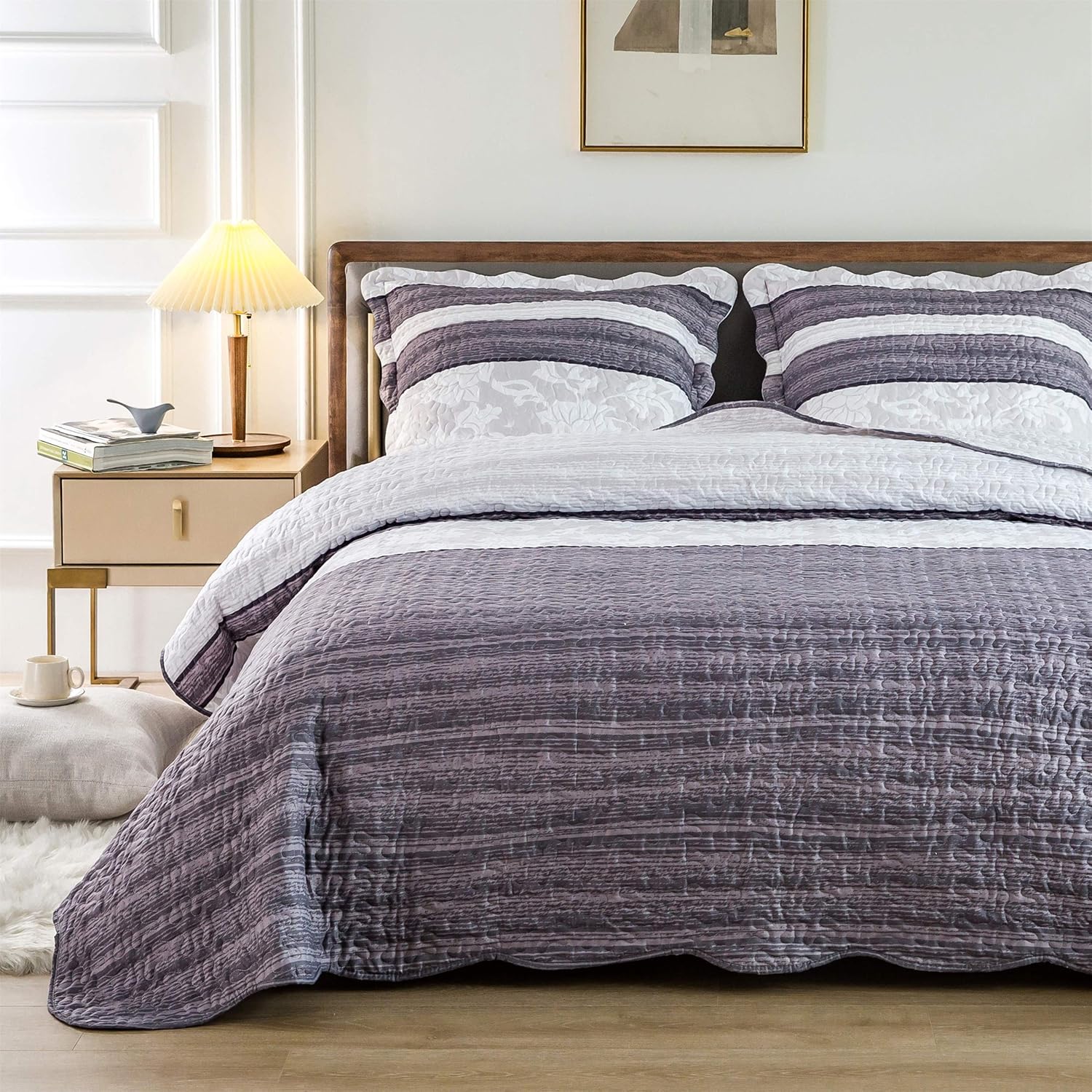 AYSW Quilt Set 3 Pieces King Size Soft and Breathable for All Season Bedspread Coverlet Set Gray and White Pattern 2