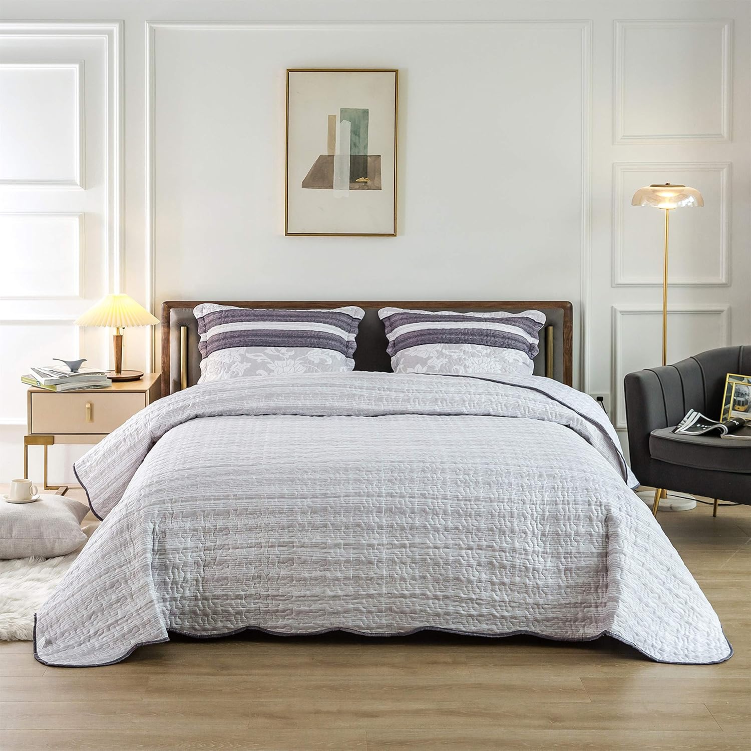 AYSW Quilt Set 3 Pieces King Size Soft and Breathable for All Season Bedspread Coverlet Set Gray and White Pattern 3