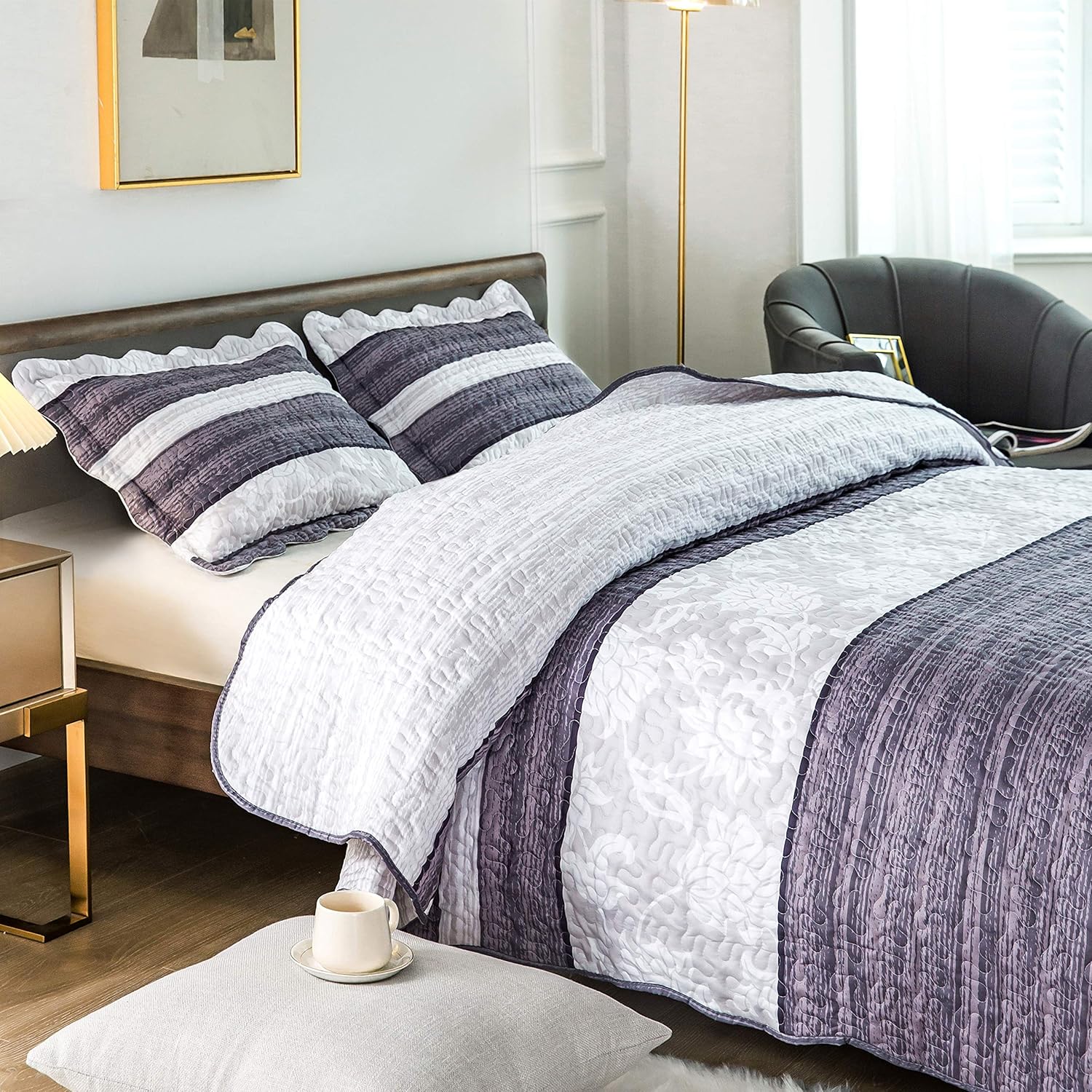AYSW Quilt Set 3 Pieces King Size Soft and Breathable for All Season Bedspread Coverlet Set Gray and White Pattern 4