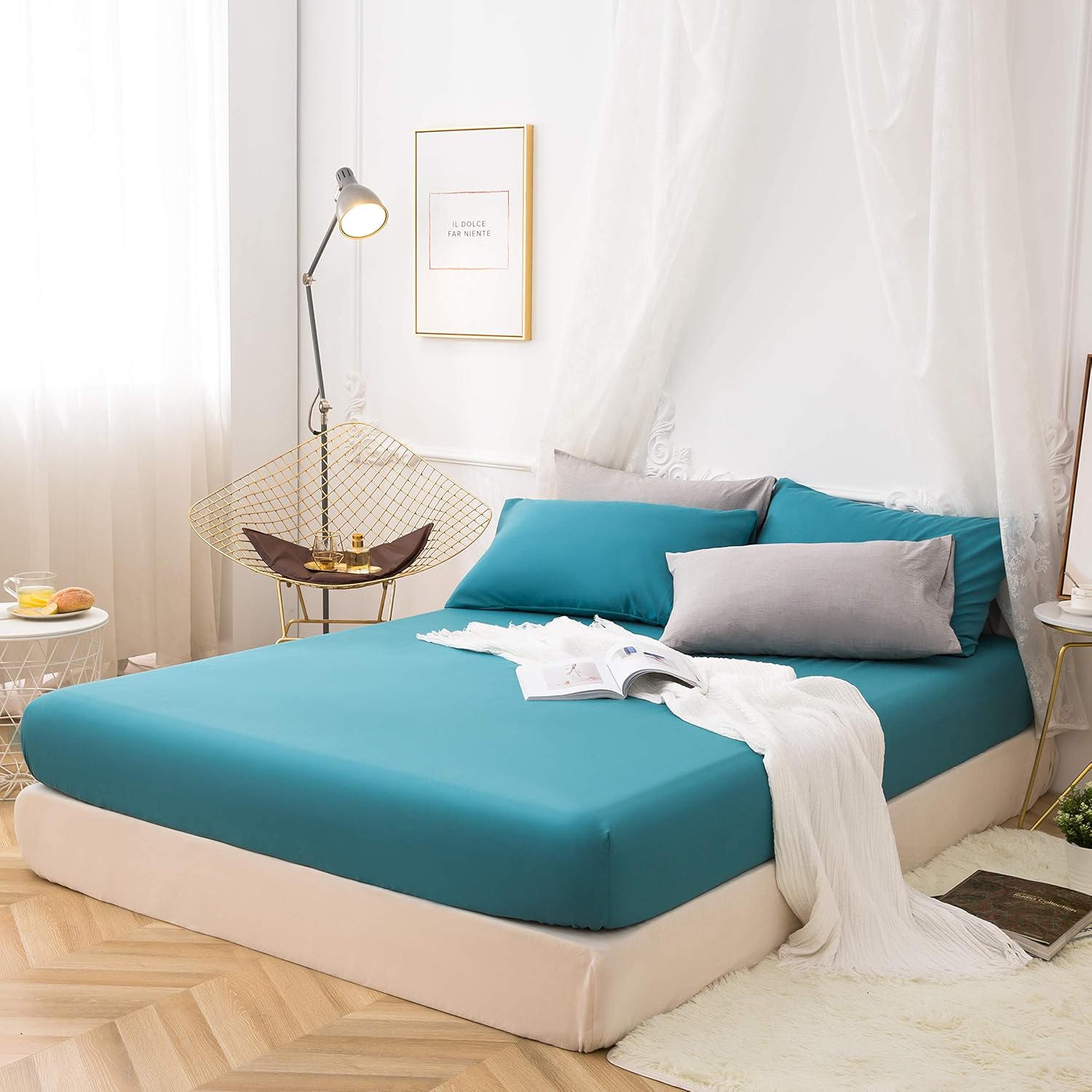 AYSW Fitted Sheet Sea Blue, 100% Soft Microfiber, 160 x 200 x 30 cm, High Quality Fitted Sheet 120g/m² 2