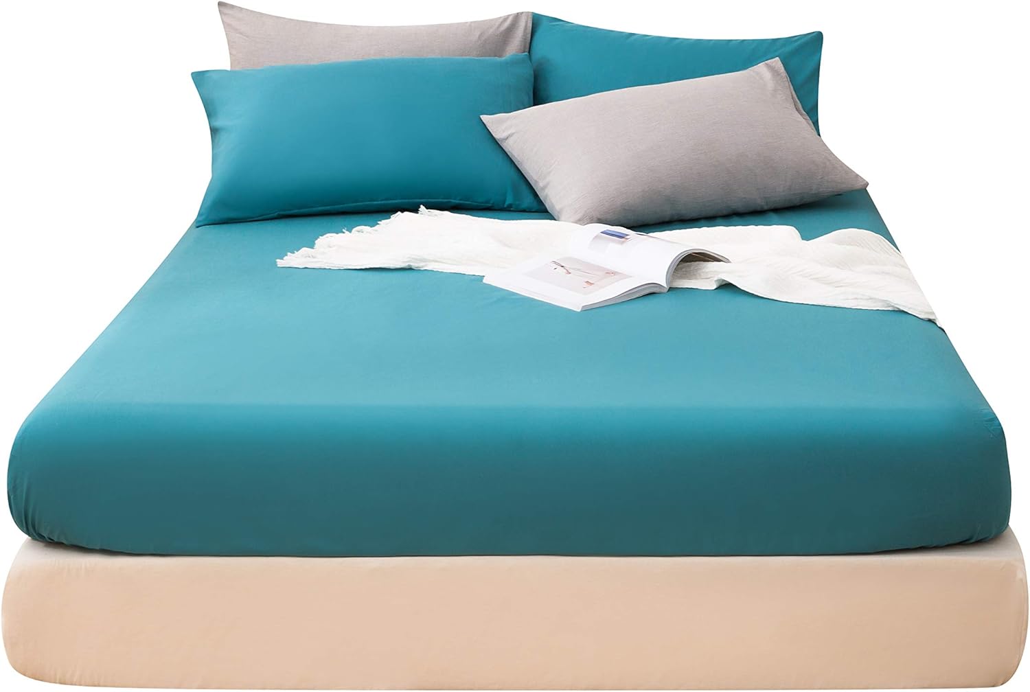 AYSW Fitted Sheet Sea Blue, 100% Soft Microfiber, 160 x 200 x 30 cm, High Quality Fitted Sheet 120g/m² 7