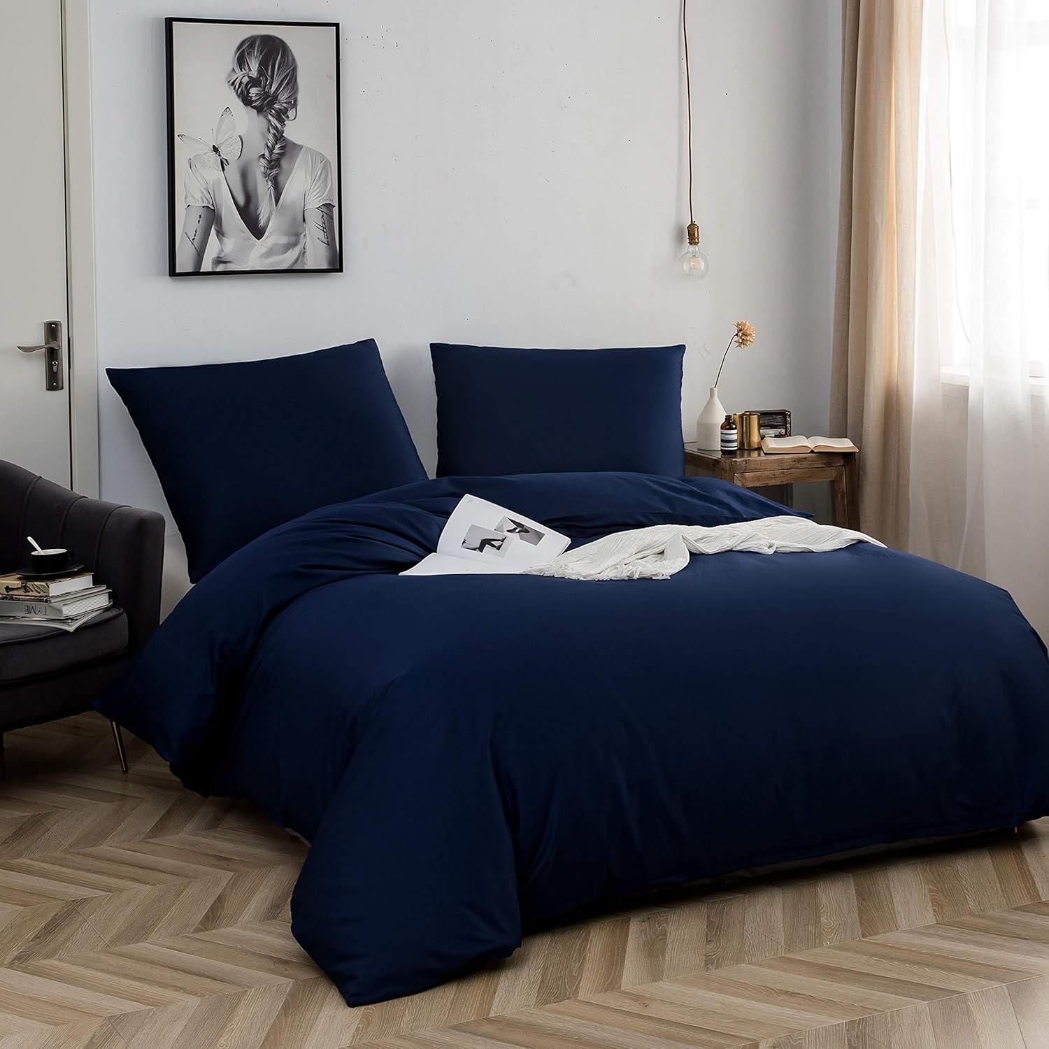 100% Cotton Duvet Cover Bedding Set 200 x 200 cm + Set of 2 Pillowcases 80x80cm Navy High-End 2 Person Zipper Closure 2
