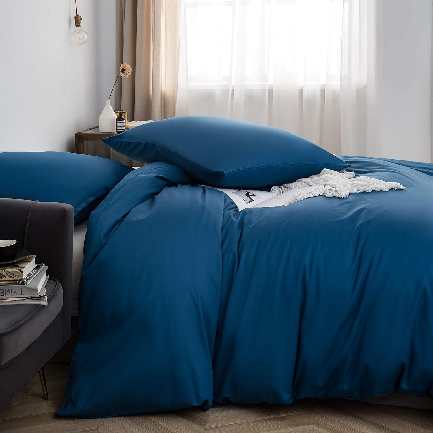 Baumwolle Bettwäsche 135x200 cm Denimblau 1 Bettbezug mit 1 Kopfkissenbezug 80x80 cm 3