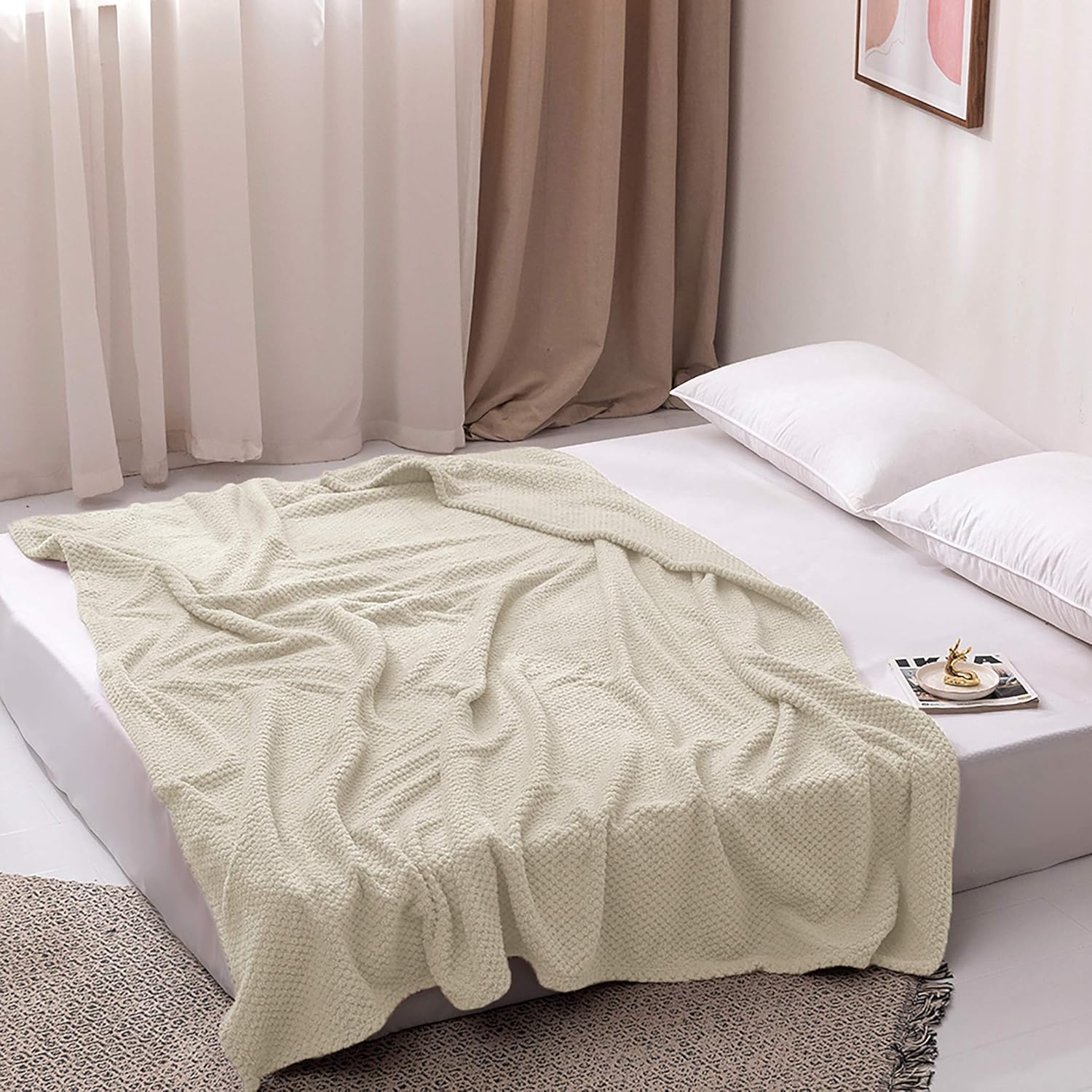 Waffle Blanket Throws Teddy Bear Flannel Fleece Throw Blankets 220X240cm Fluffy Ball Warm Bed Throw for Sofa Cream 5