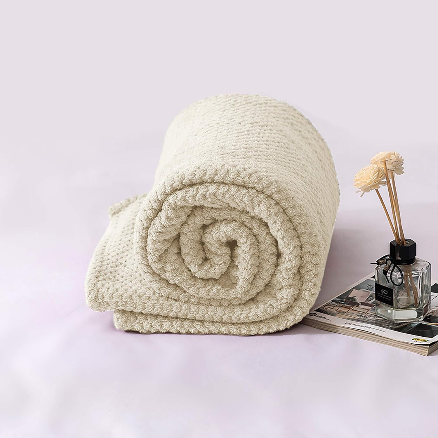Waffle Blanket Throws Teddy Bear Flannel Fleece Throw Blankets 220X240cm Fluffy Ball Warm Bed Throw for Sofa Cream 4