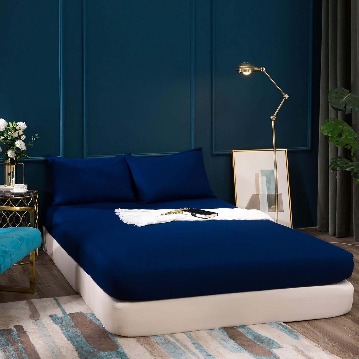 Microfiber, Dark Blue Premium Fitted Sheet 140x200cm, Fitted Sheet with All-around Elastic for Children and Adults 2