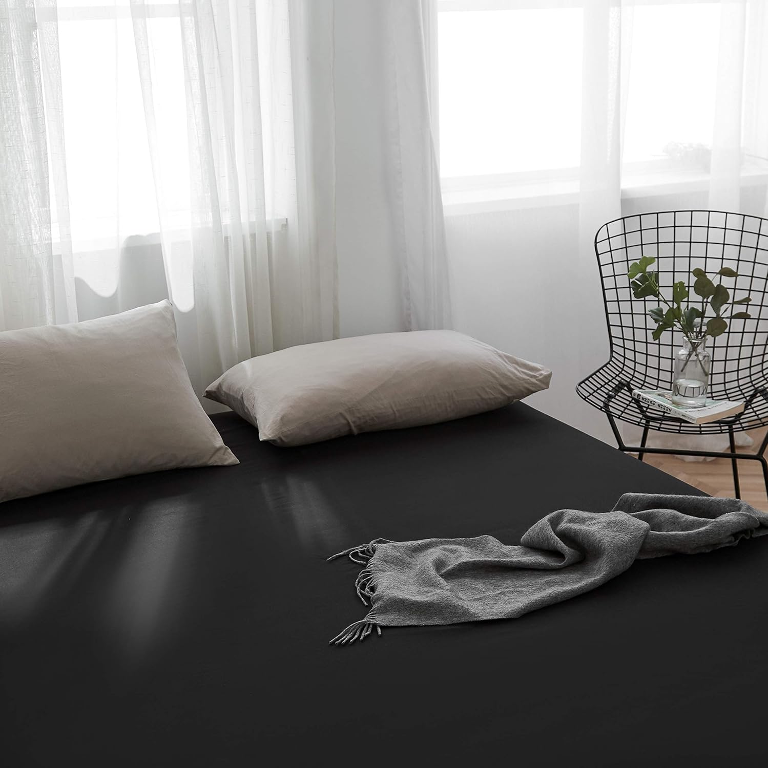 Bedding Fitted Bottom Sheet Set Full Black Pack of 2 Premium Brushed Microfiber Soft Fade Resistant 2