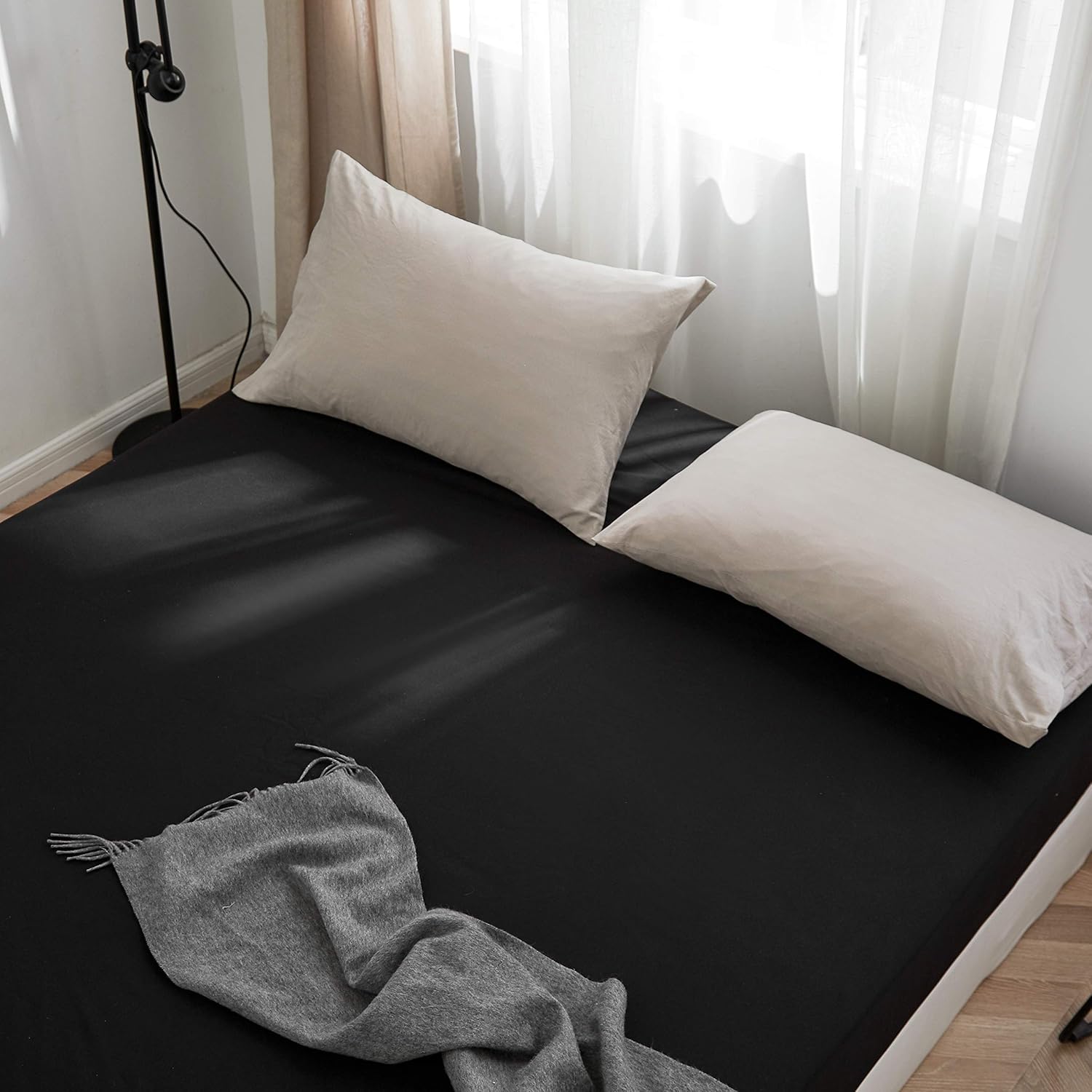 Bedding Fitted Bottom Sheet Set Full Black Pack of 2 Premium Brushed Microfiber Soft Fade Resistant 6