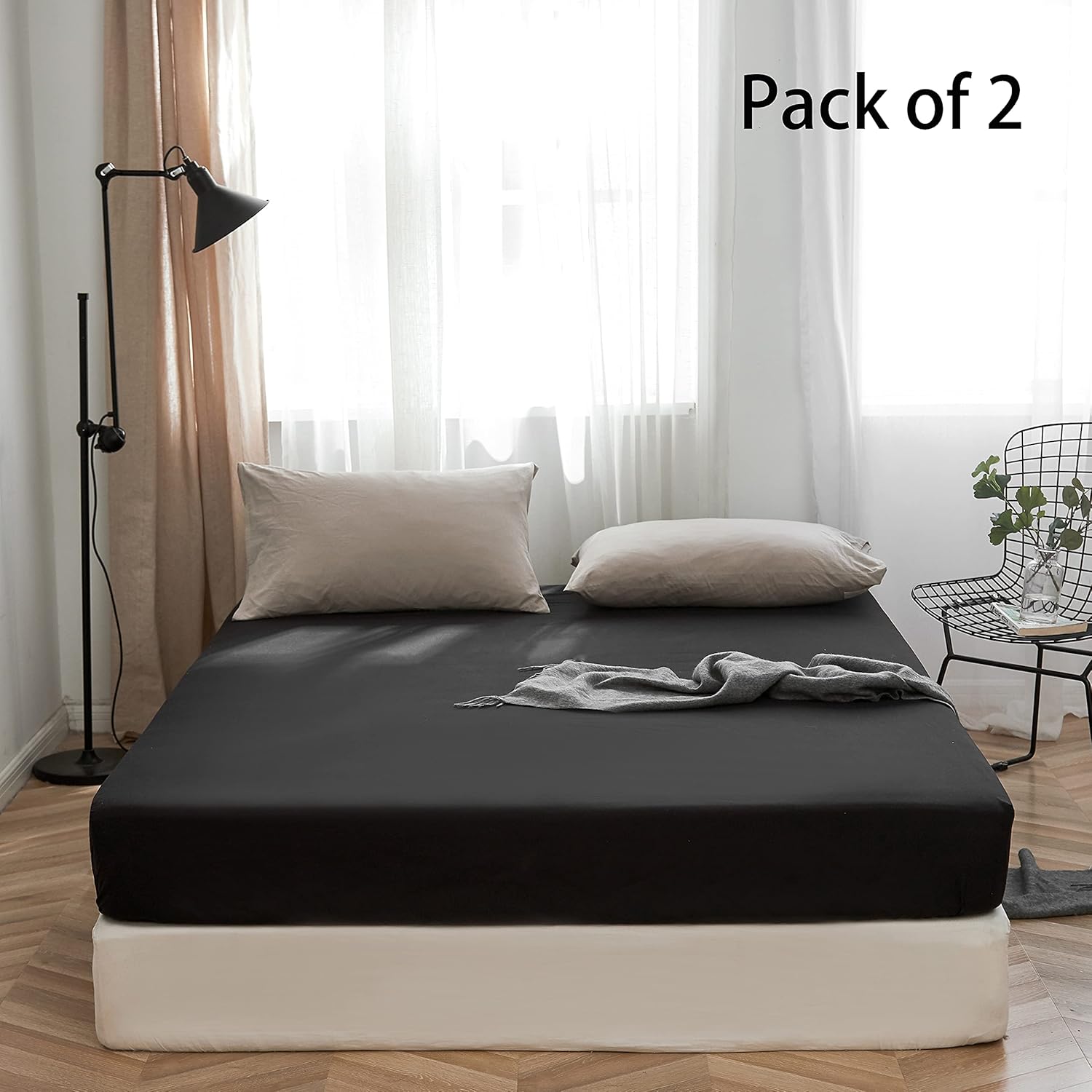 Bedding Fitted Bottom Sheet Set Full Black Pack of 2 Premium Brushed Microfiber Soft Fade Resistant 3