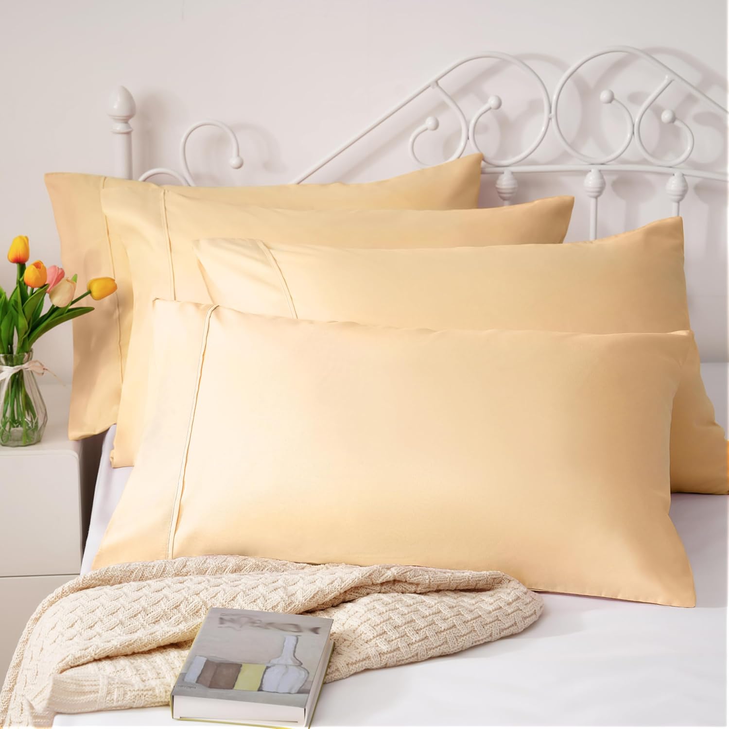 AYSW Pillowcases Queen Size 2 Pack Premium Soft and Cozy 1800 Double Brushed Microfiber with Envelope Closure Pillow Case Light Yellow 20x30 inch Wrinkle Fade Stain Resistant Holiday Décor 3