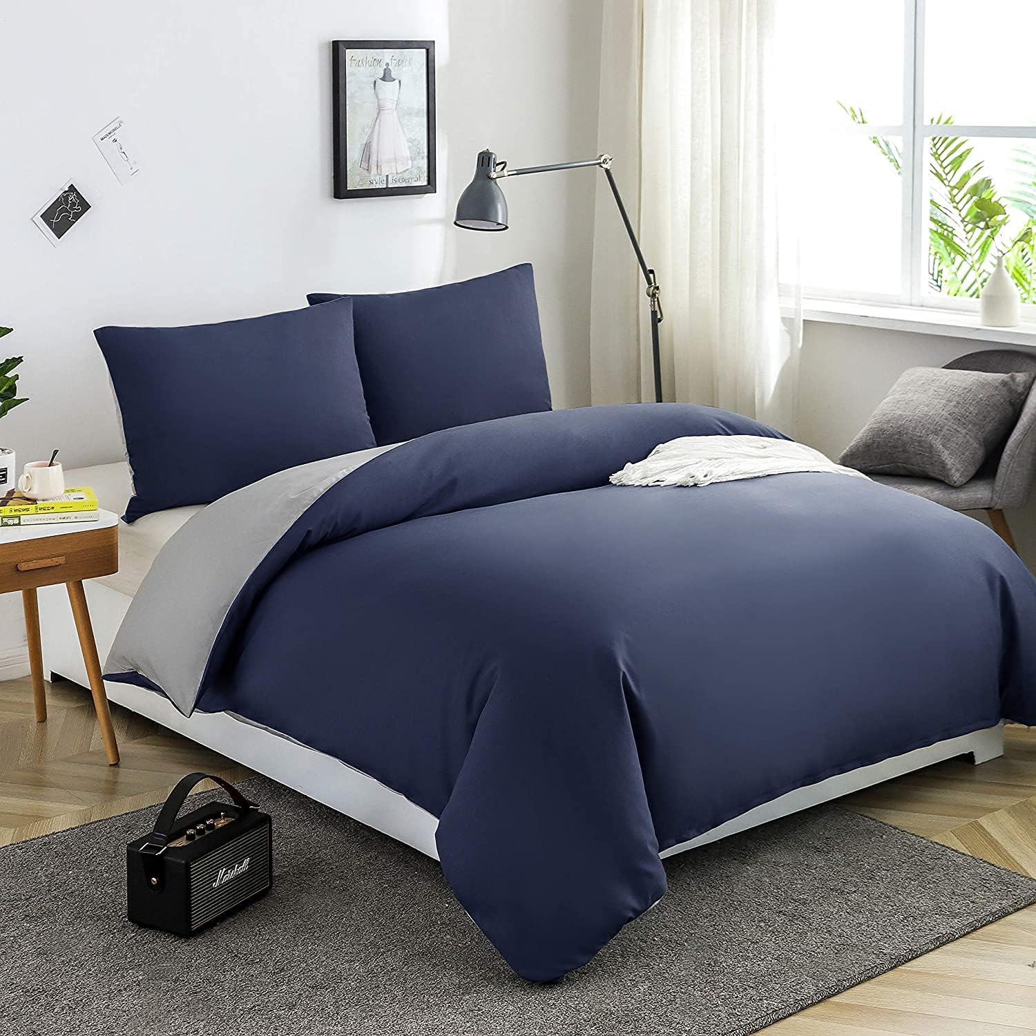 Bed linen brushed Microfiber 1 duvet cover 135x200cm + 1 pillowcase 80x80cm with zipper Navy blue/Light grey 2