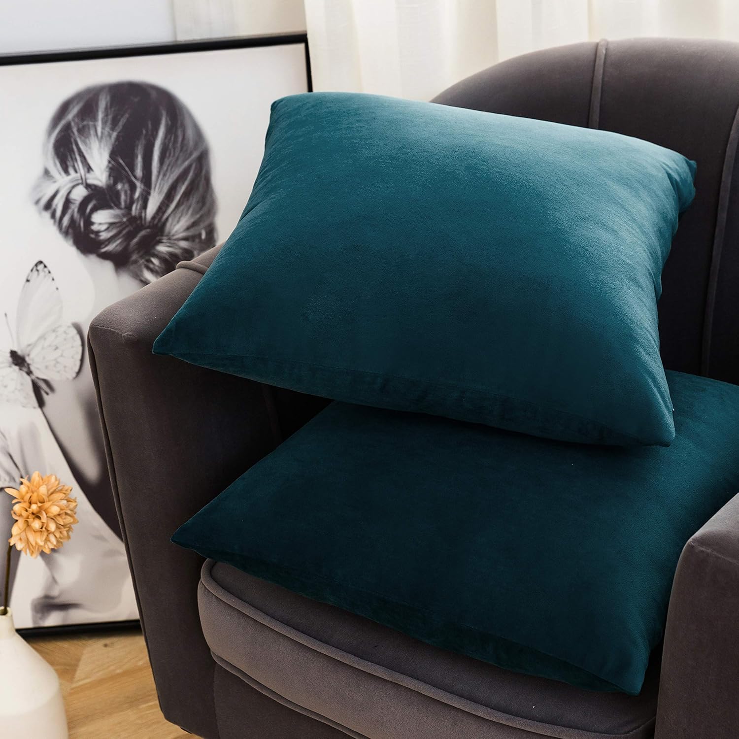 Pillowcase 45 x 45 cm, Seeblau 2er-Pack, Decorative pillowcases made of solid, soft velvet, Pillowcases with accent, Euro pillowcases for farmhouse, Couch, Sofa, Kids, Indoor & Outdoor 2