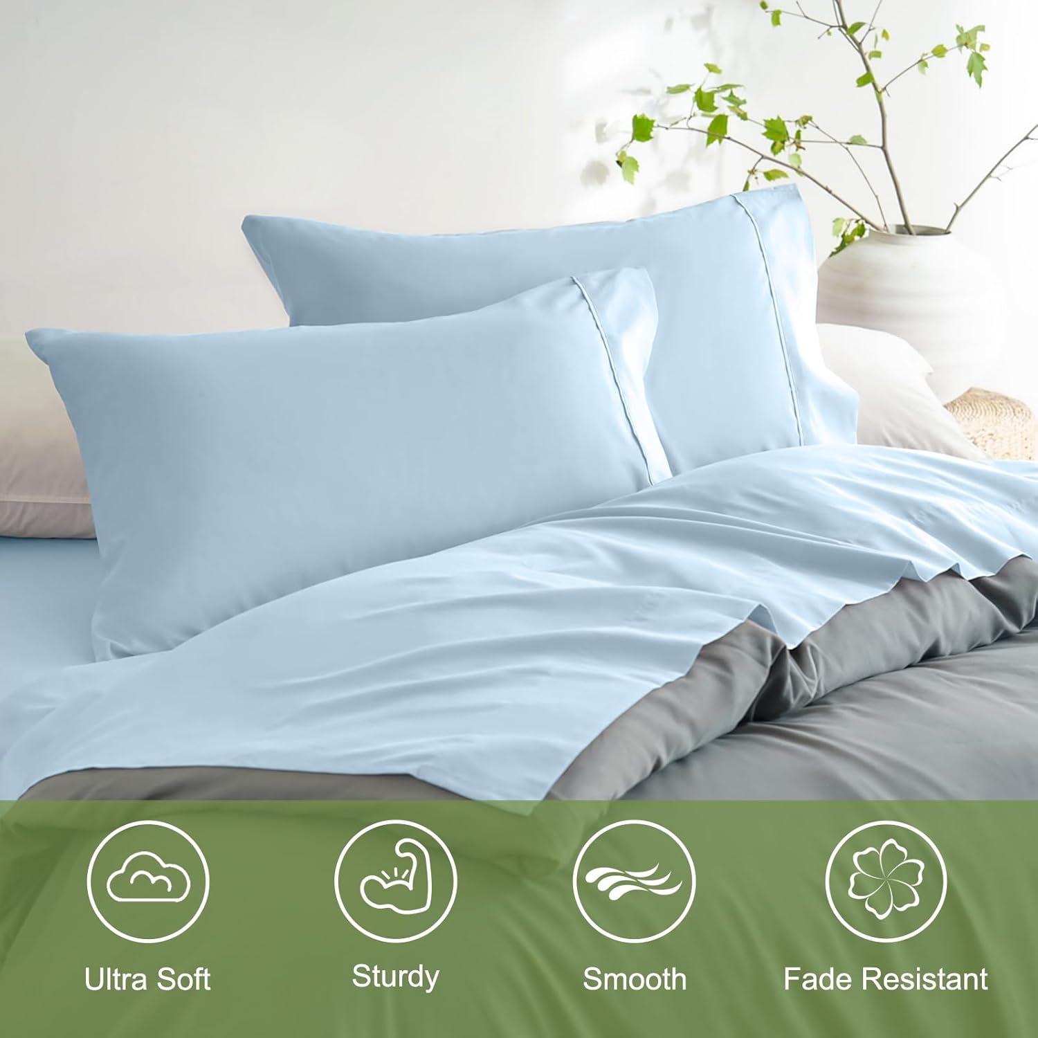 AYSW Bed Sheet Set 3 Pieces Twin Size - Double Brushed Microfiber 1800 - Ultra Soft & Breathable All Season Luxury Bedding - Light Blue 7