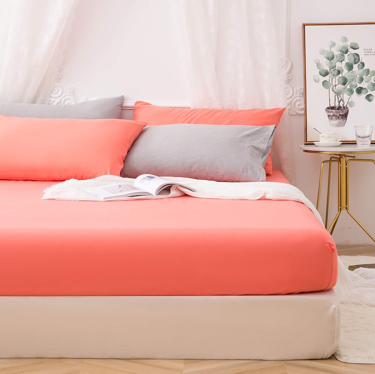 AYSW Fitted Sheet 180x200cm with 30cm Pocket Coral Fitted Sheet 100 GSM in High Quality Microfiber 100% Polyester Soft, Resistant, Wrinkle-free 3