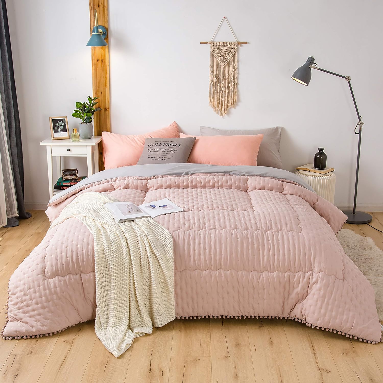 AYSW Duvet 200x200cm, Cover made of 50% cotton Soft-quilted duvet, Microfiber quilted duvet with filling weight approx. 1800g, All-season duvet, Pink/grey 5