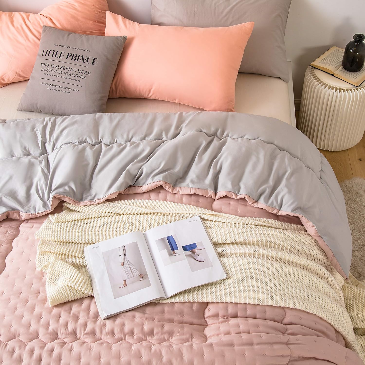 AYSW Duvet 200x200cm, Cover made of 50% cotton Soft-quilted duvet, Microfiber quilted duvet with filling weight approx. 1800g, All-season duvet, Pink/grey 6