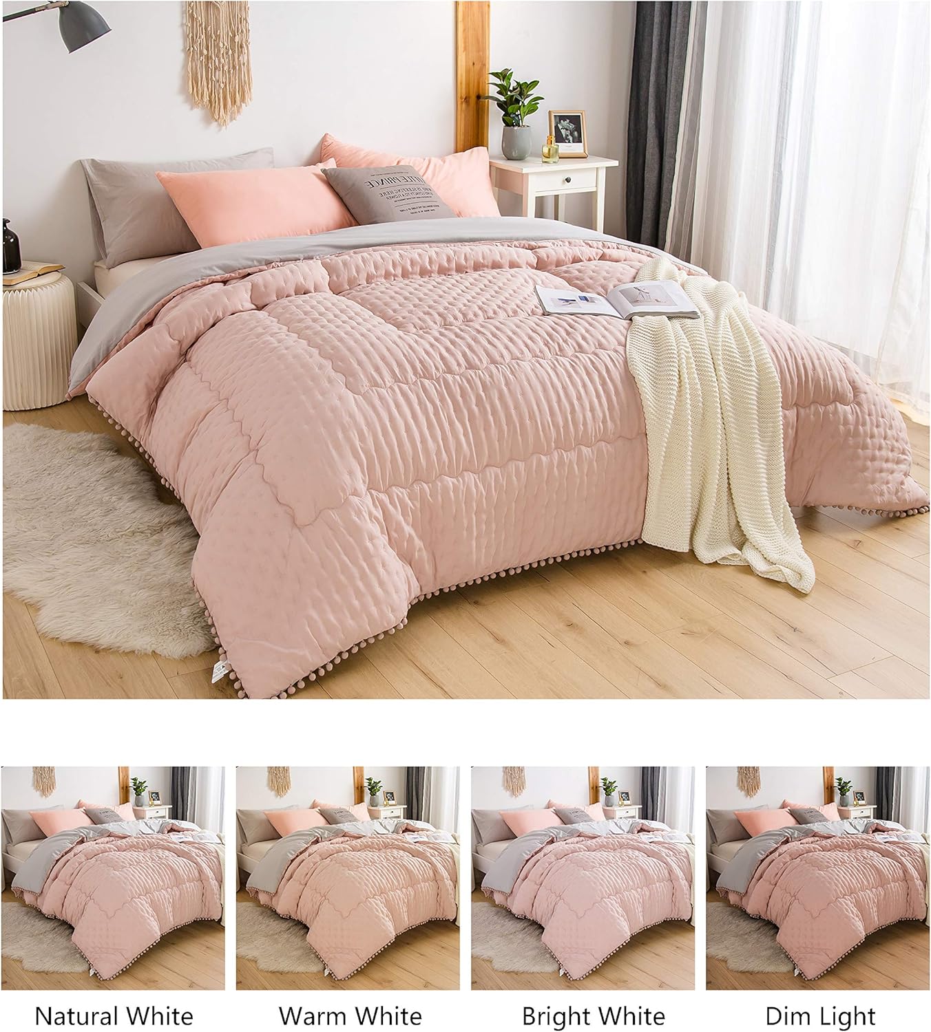 AYSW Duvet 200x200cm, Cover made of 50% cotton Soft-quilted duvet, Microfiber quilted duvet with filling weight approx. 1800g, All-season duvet, Pink/grey 2