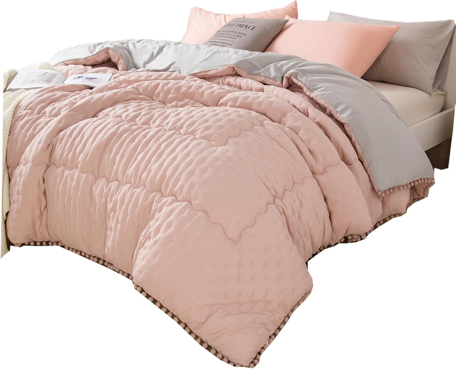 AYSW Duvet 200x200cm, Cover made of 50% cotton Soft-quilted duvet, Microfiber quilted duvet with filling weight approx. 1800g, All-season duvet, Pink/grey 9