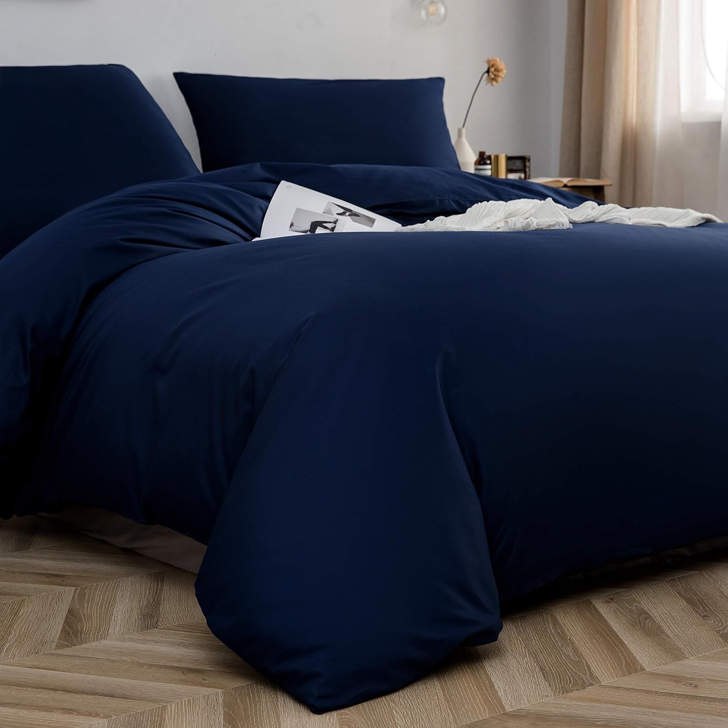 Baumwolle Bettwäsche 155x220 cm Marineblau 1 Bettbezug mit 1 Kopfkissenbezug 80x80 cm 4