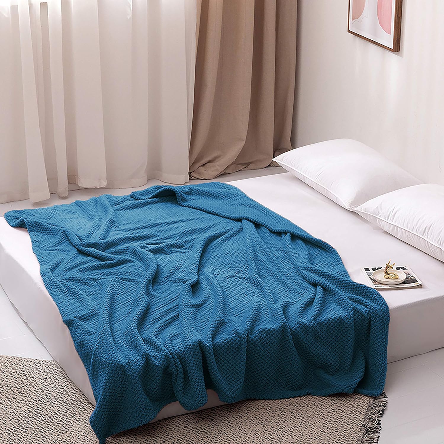 240GSM Kuscheldecke Wohndecke 150x200cm hochwertige Flauschige Waffelpique Decke Seeblau - weiche Microfaser Flanell Sofadecke 3
