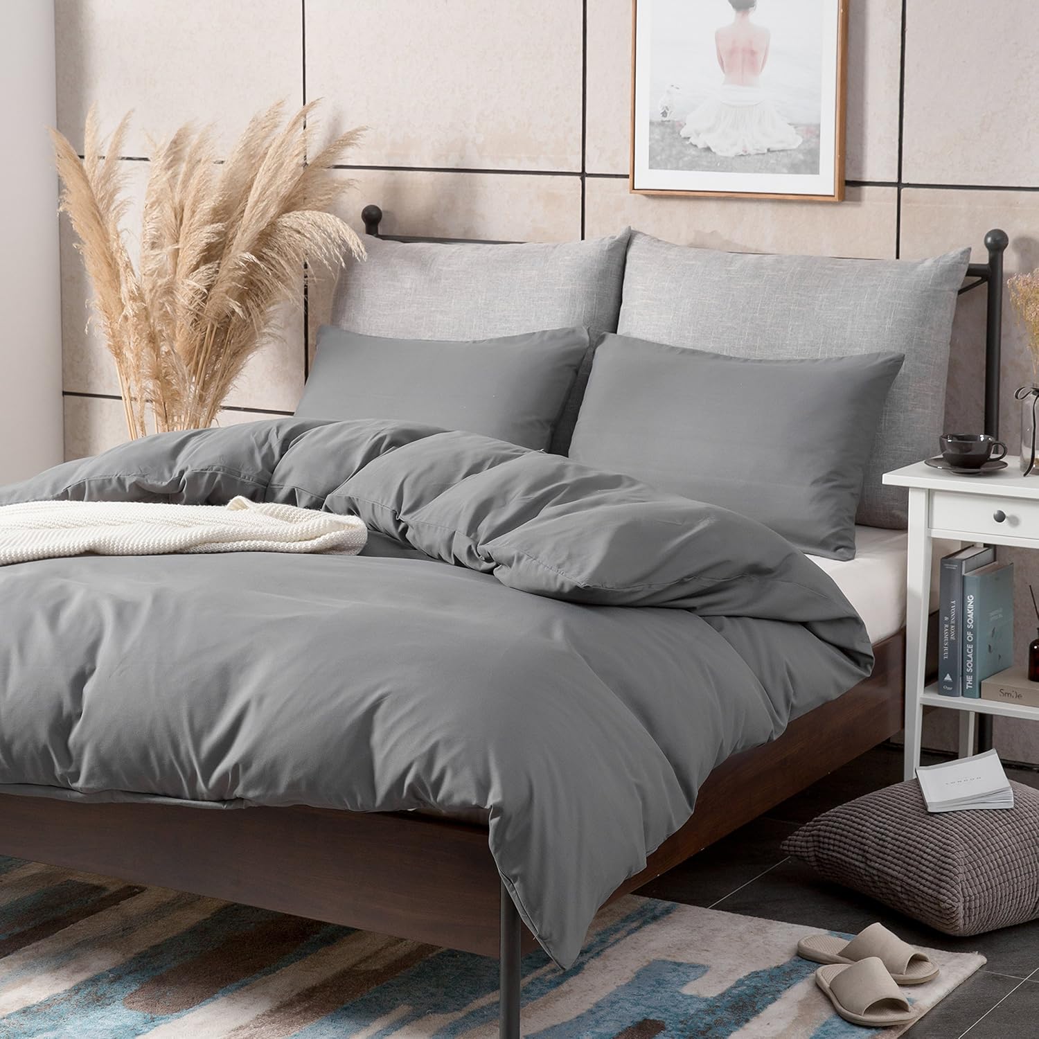 AYSW Set Copripiumino Matrimoniale in Microfibra - 1 Copripiumino 250x200 Grigio in Microfibra + 2 federe 50x80cm Grigio 3