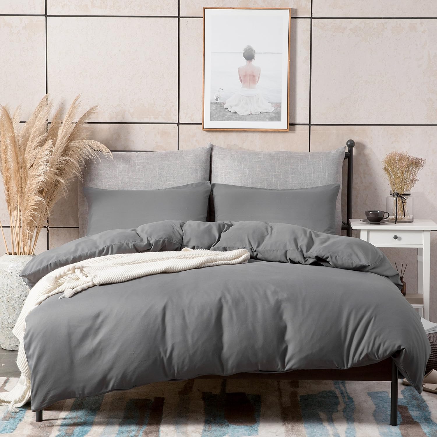 AYSW Set Copripiumino Matrimoniale in Microfibra - 1 Copripiumino 250x200 Grigio in Microfibra + 2 federe 50x80cm Grigio 2