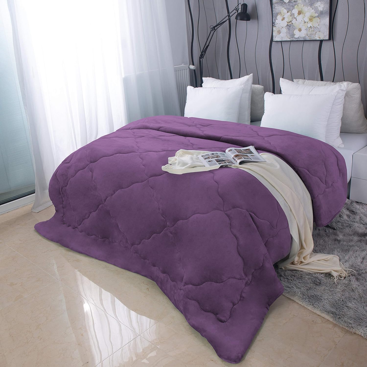Bettdecke mit Flanell Fleece 220x240cm für Winter, Mikrofaser Steppdecke mit Füllgewicht Ca.2500g, warm Bettdecke Flanell Lila 2
