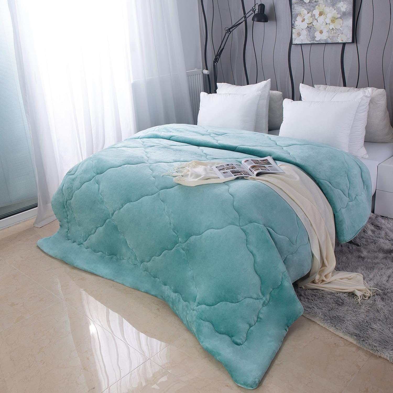 Duvet with flannel fleece 200x200cm, microfiber quilt with filling weight approx. 2400g, sea blue 2