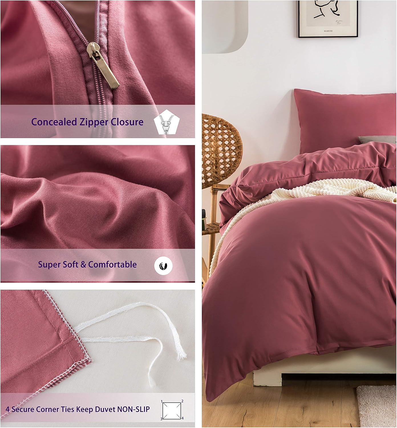 Duvet Cover 200x200cm + Pillowcases 80x80x2 cm Old Rose 120 Threads/cm² 2 Person Bedding Set with Zipper 6