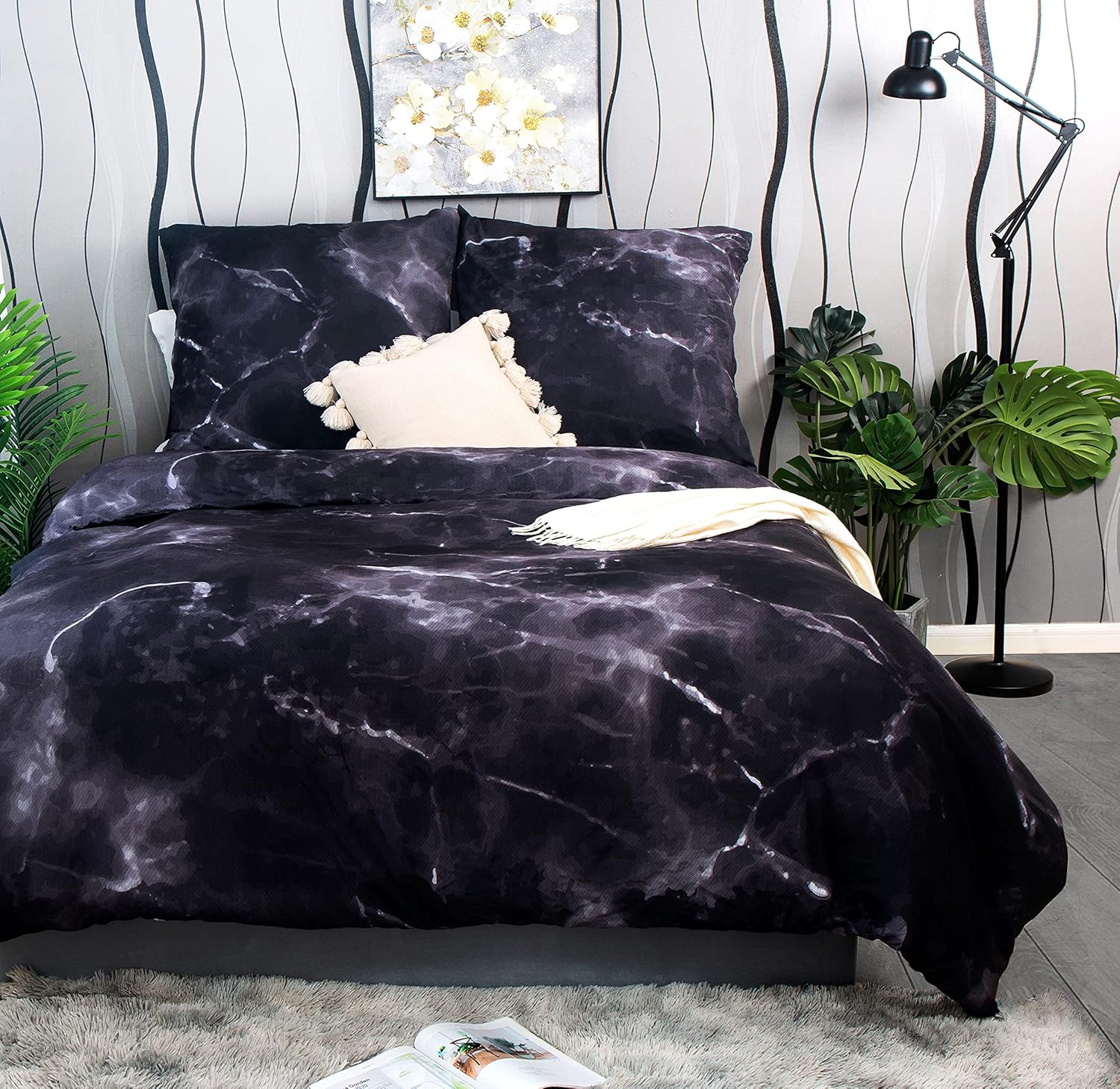 AYSW Bettwäsche 200X200cm Mikrofaser Mamor Schwarz 3 Teilig weiche Bettbezug mit Reißverschluss und 2 Kissenbezüge 80 x 80 cm 2
