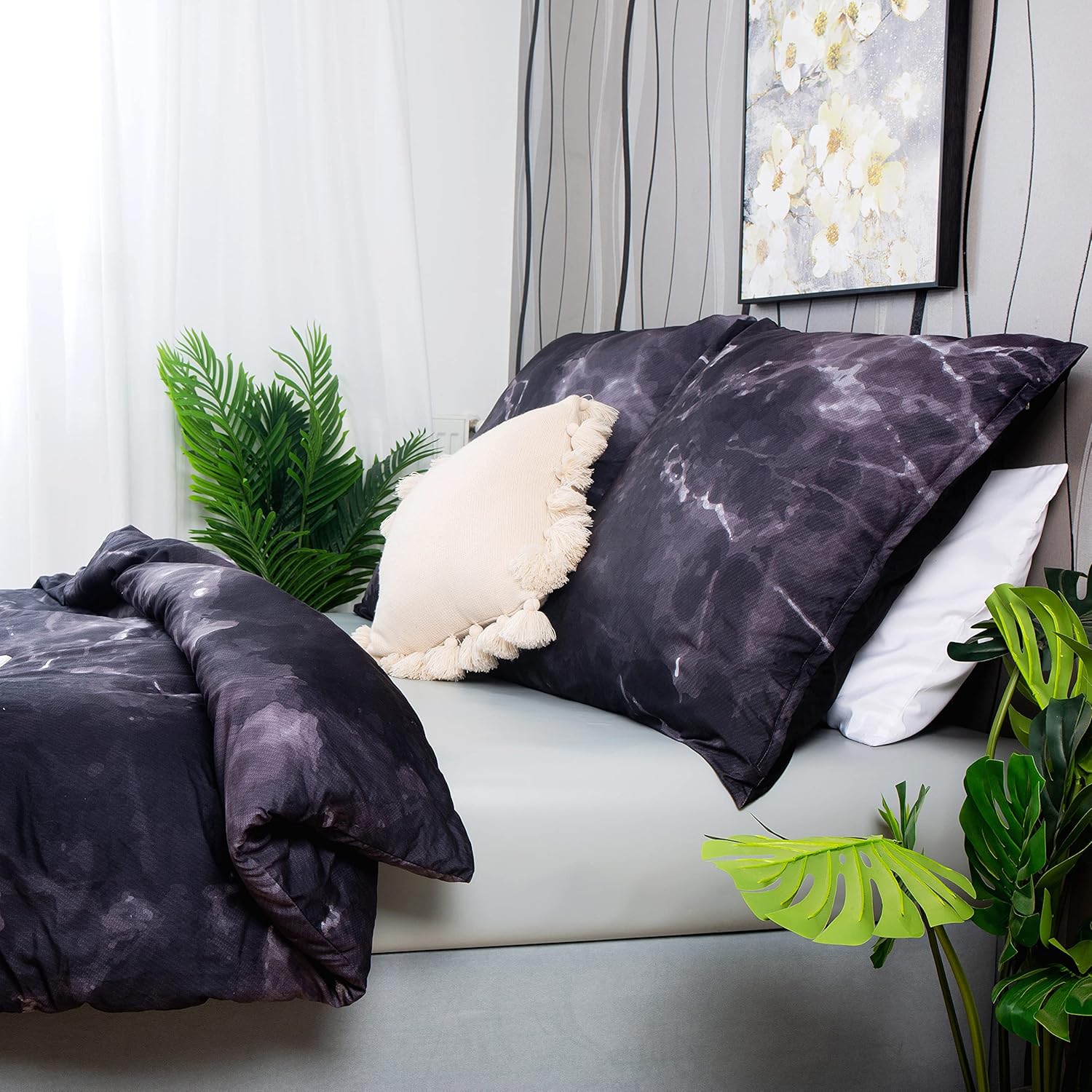 AYSW Bettwäsche 200X200cm Mikrofaser Mamor Schwarz 3 Teilig weiche Bettbezug mit Reißverschluss und 2 Kissenbezüge 80 x 80 cm 3