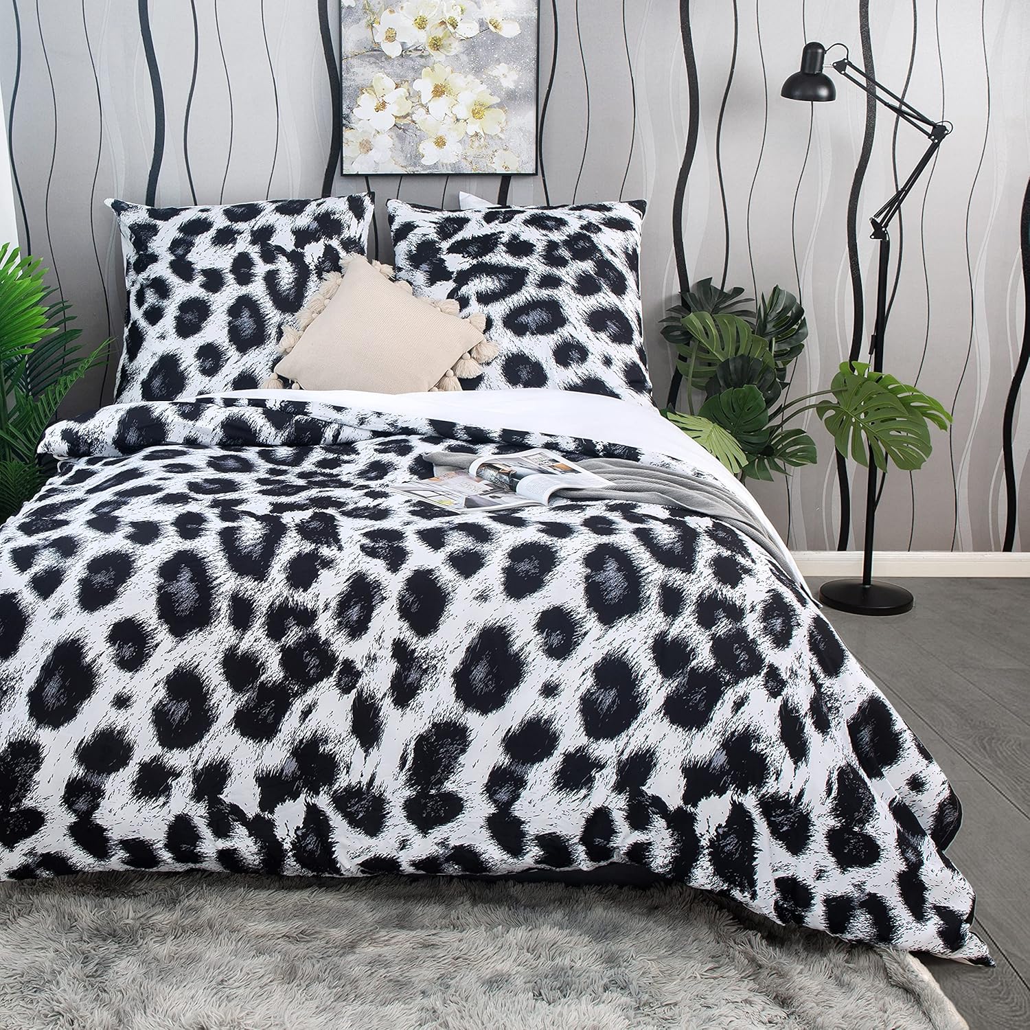 AYSW Bedding 200X200 cm Microfiber Leopard Black and White 3 Piece soft duvet cover with zipper and 2 pillowcases 80 x 80 cm 3