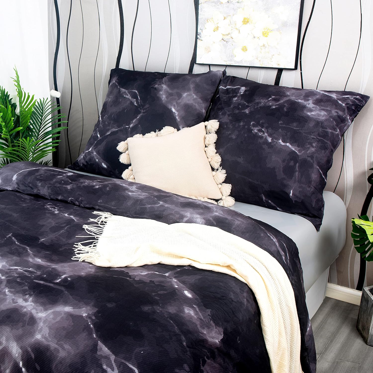 AYSW Bedding 135X200 cm Microfiber Marble Black 2 Piece soft duvet cover with zipper and 1 pillowcase 80 x 80 cm 2