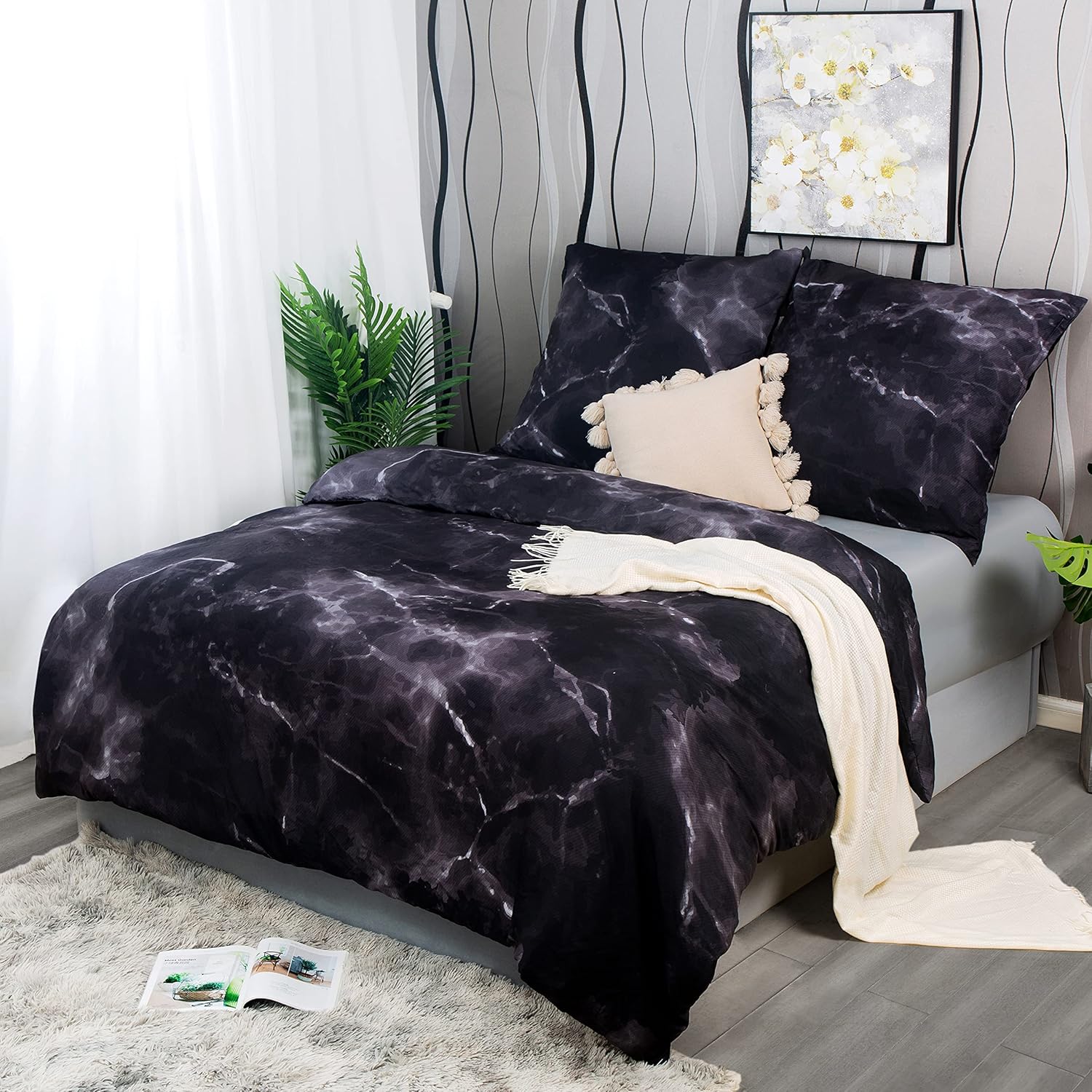 AYSW Bedding 135X200 cm Microfiber Marble Black 2 Piece soft duvet cover with zipper and 1 pillowcase 80 x 80 cm 4