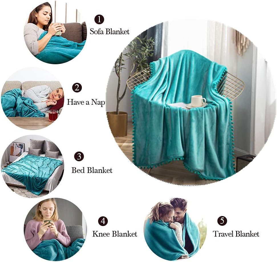 AYSW Flannel Fleece Throw Blanket Teal Pompom Ball 300 GSM Super Soft and Lightweight 7