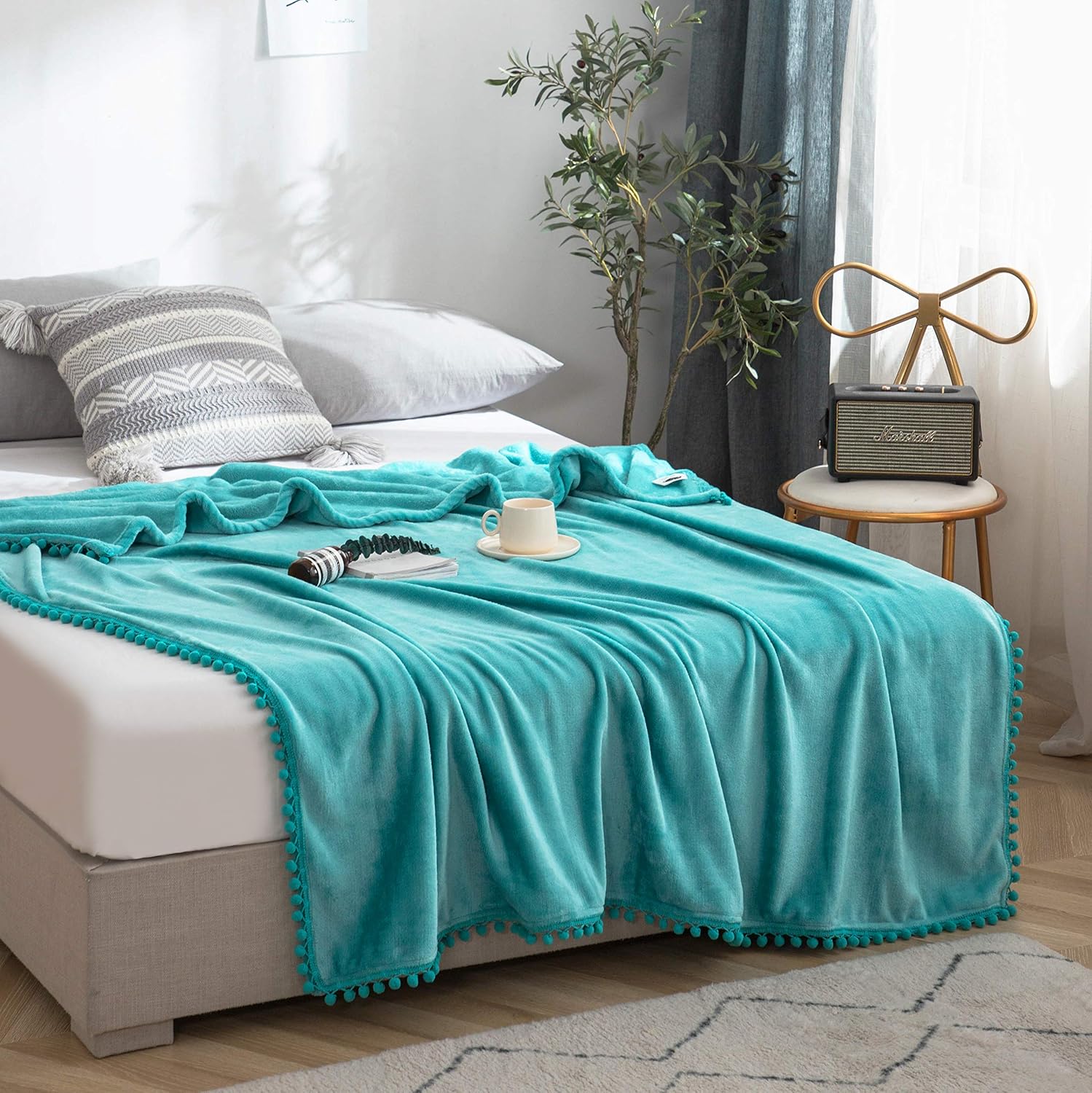 AYSW Flannel Fleece Throw Blanket Teal Pompom Ball 300 GSM Super Soft and Lightweight 2